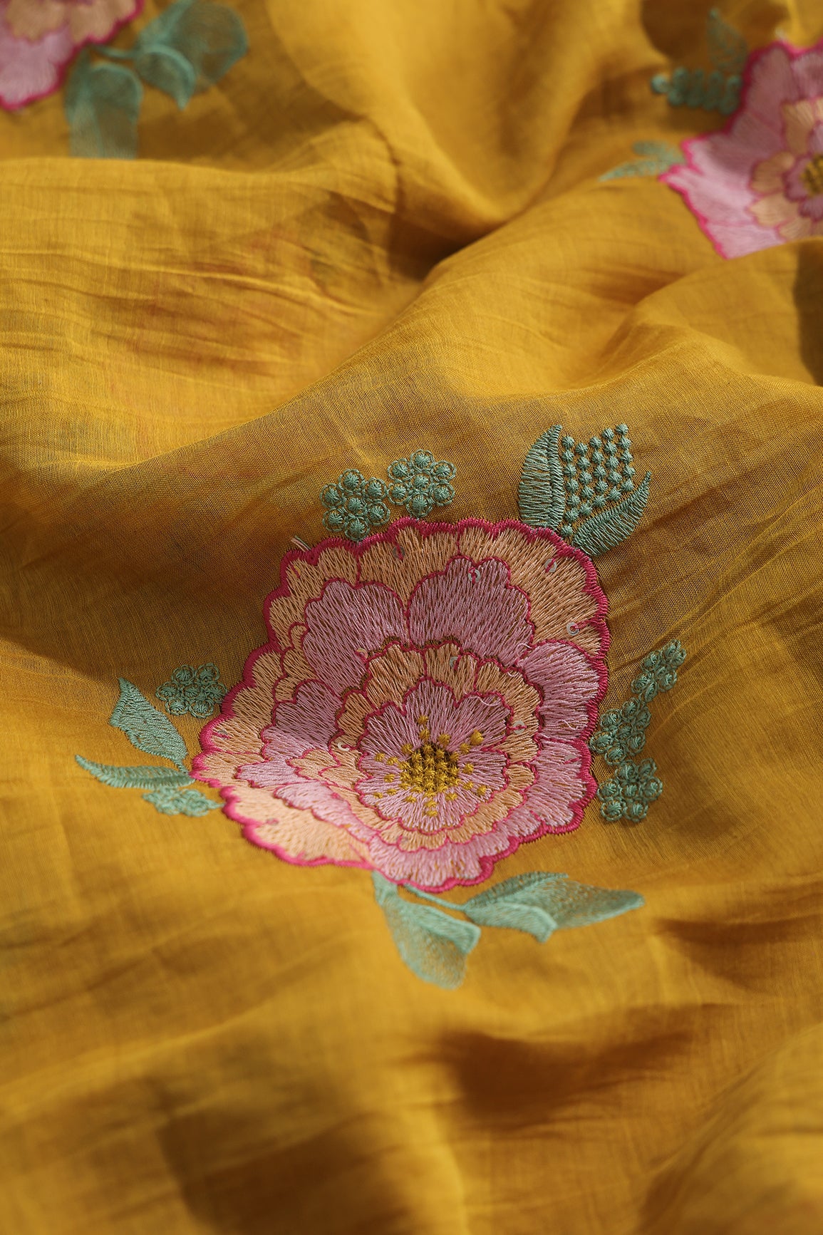 Multi Thread Big Flower Embroidery On Mustard Pure Mul Chanderi Silk Fabric