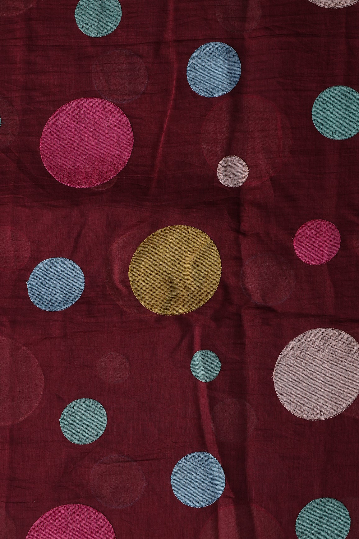 Multi Thread Circle Embroidery On Maroon Pure Mul Chanderi Silk Fabric