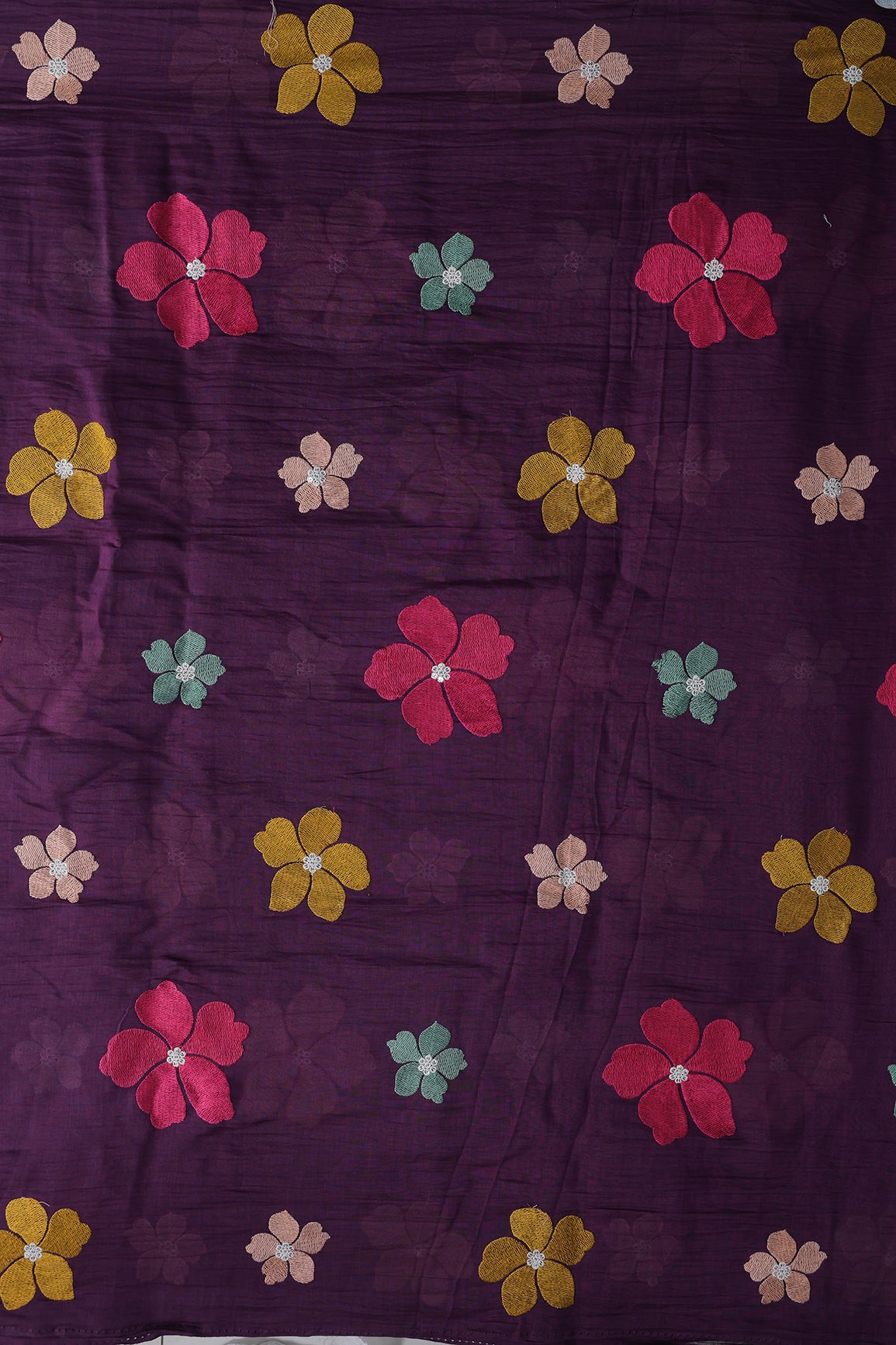 Multi Thread Flower Embroidery On Purple Pure Mul Chanderi Silk Fabric