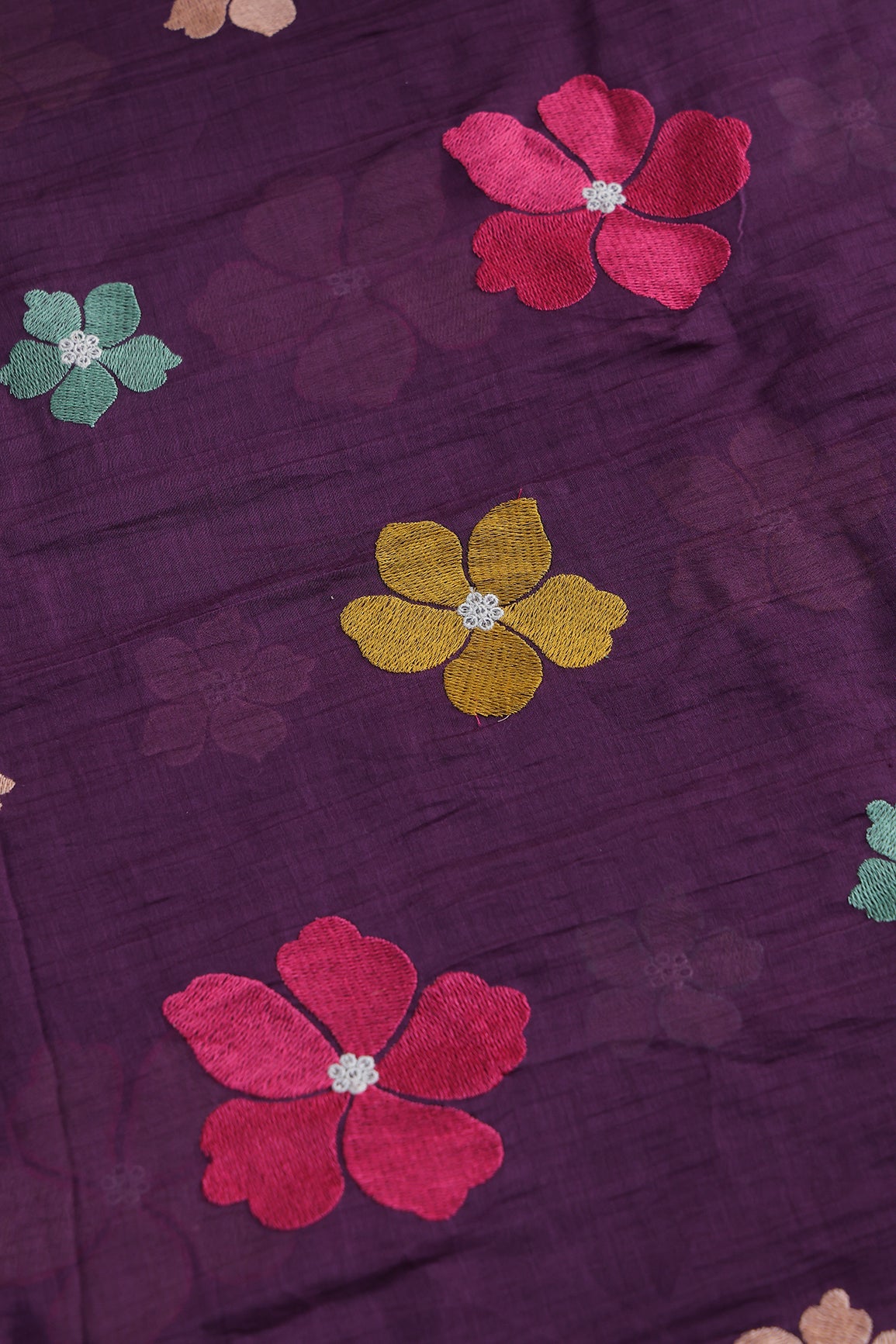 Multi Thread Flower Embroidery On Purple Pure Mul Chanderi Silk Fabric