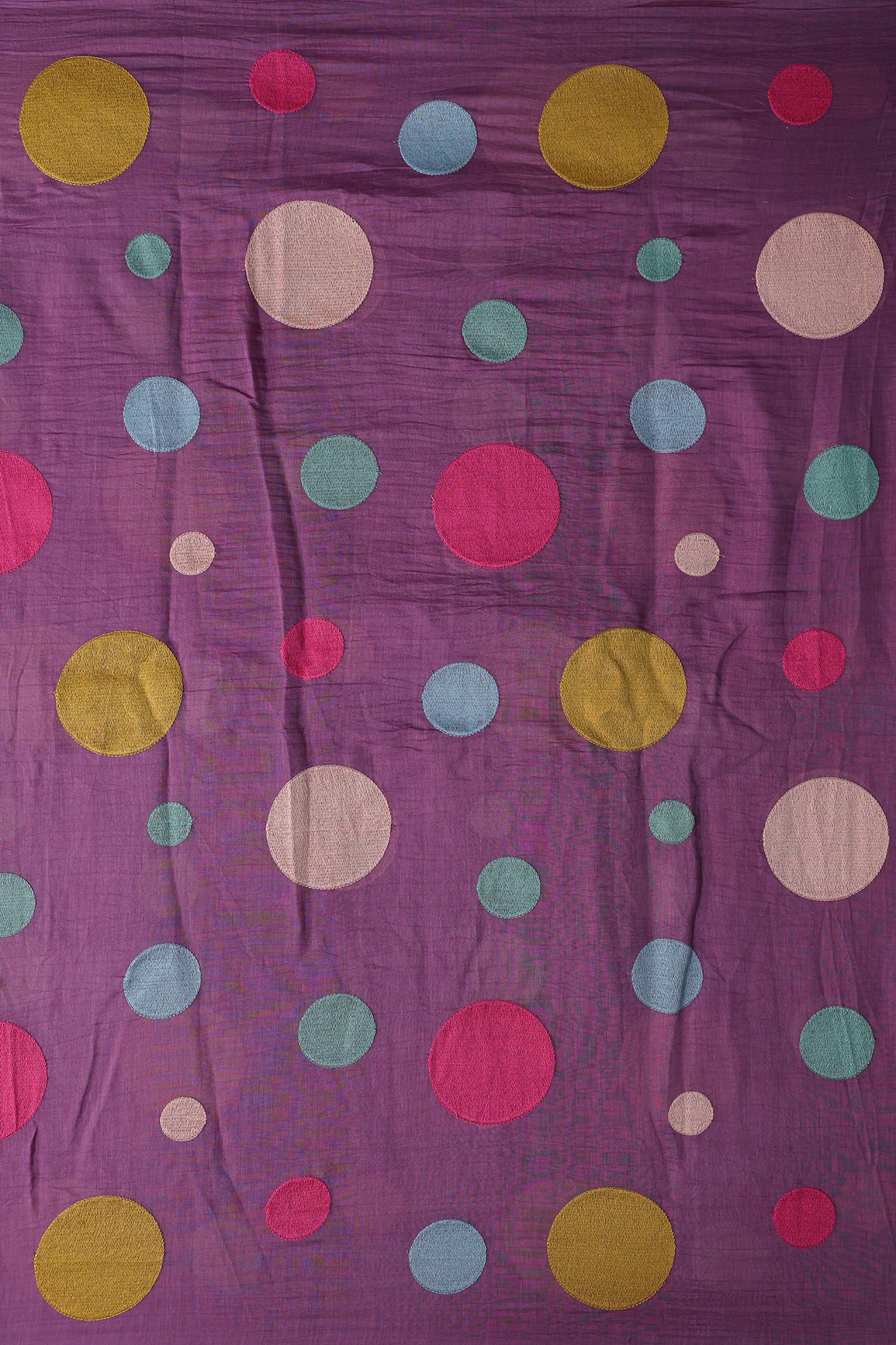 Multi Thread Circle Embroidery On Lavender Pure Mul Chanderi Silk Fabric