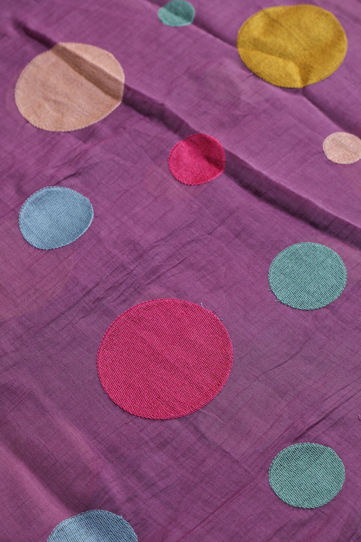 Multi Thread Circle Embroidery On Lavender Pure Mul Chanderi Silk Fabric