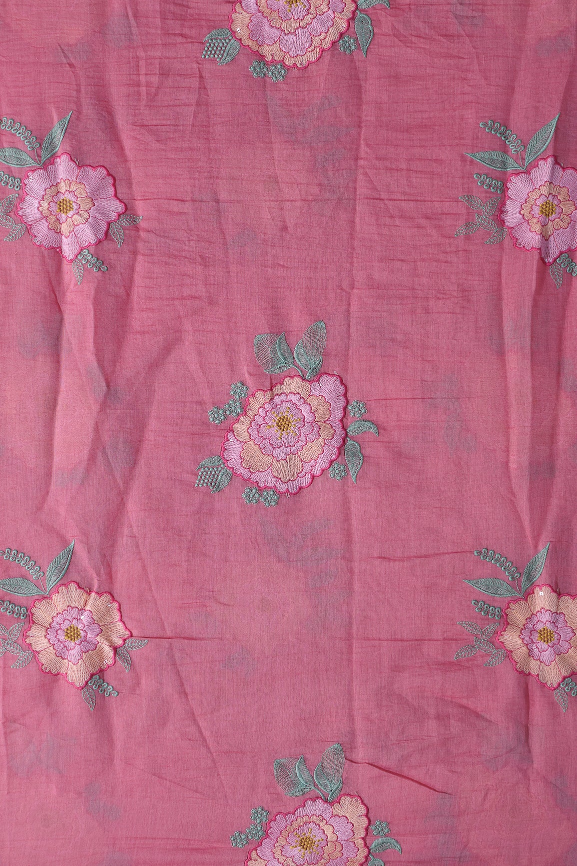 Multi Thread Big Flower Embroidery On Gajri Pure Mul Chanderi Silk Fabric