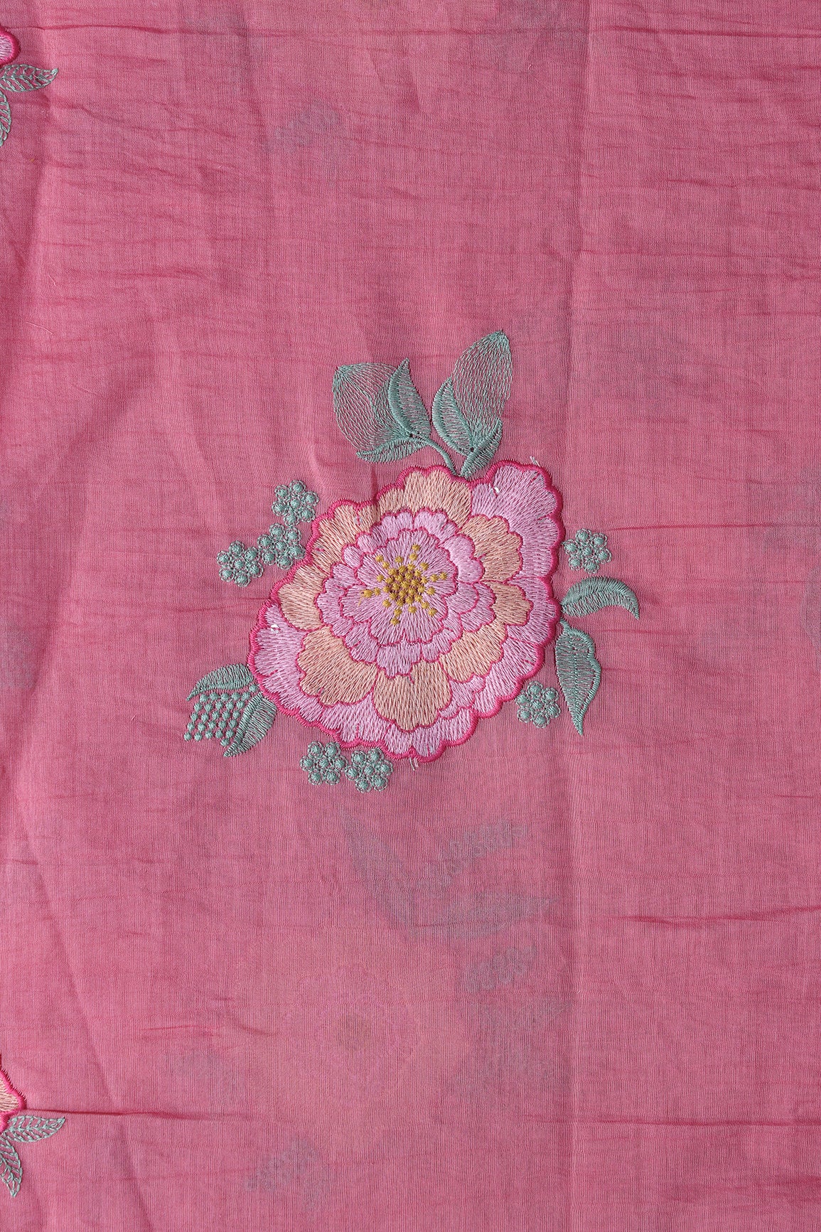 Multi Thread Big Flower Embroidery On Gajri Pure Mul Chanderi Silk Fabric