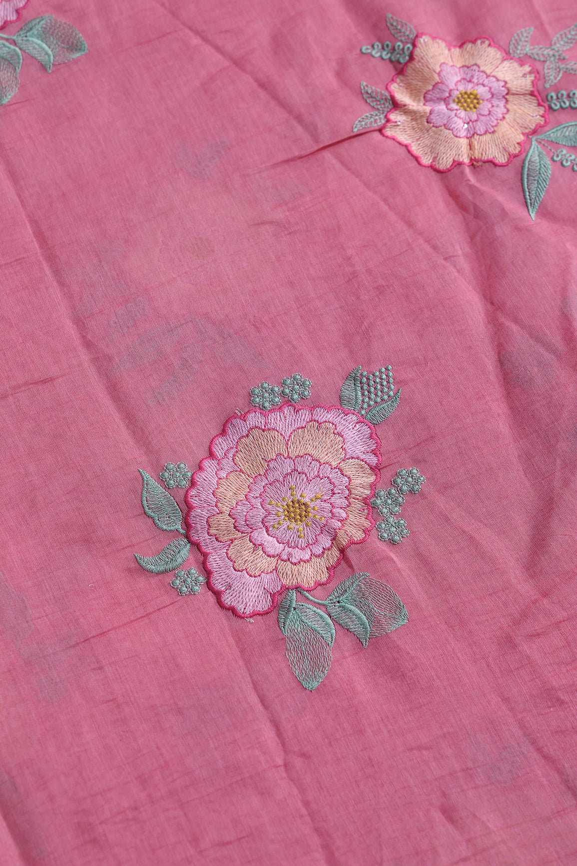 Multi Thread Big Flower Embroidery On Gajri Pure Mul Chanderi Silk Fabric
