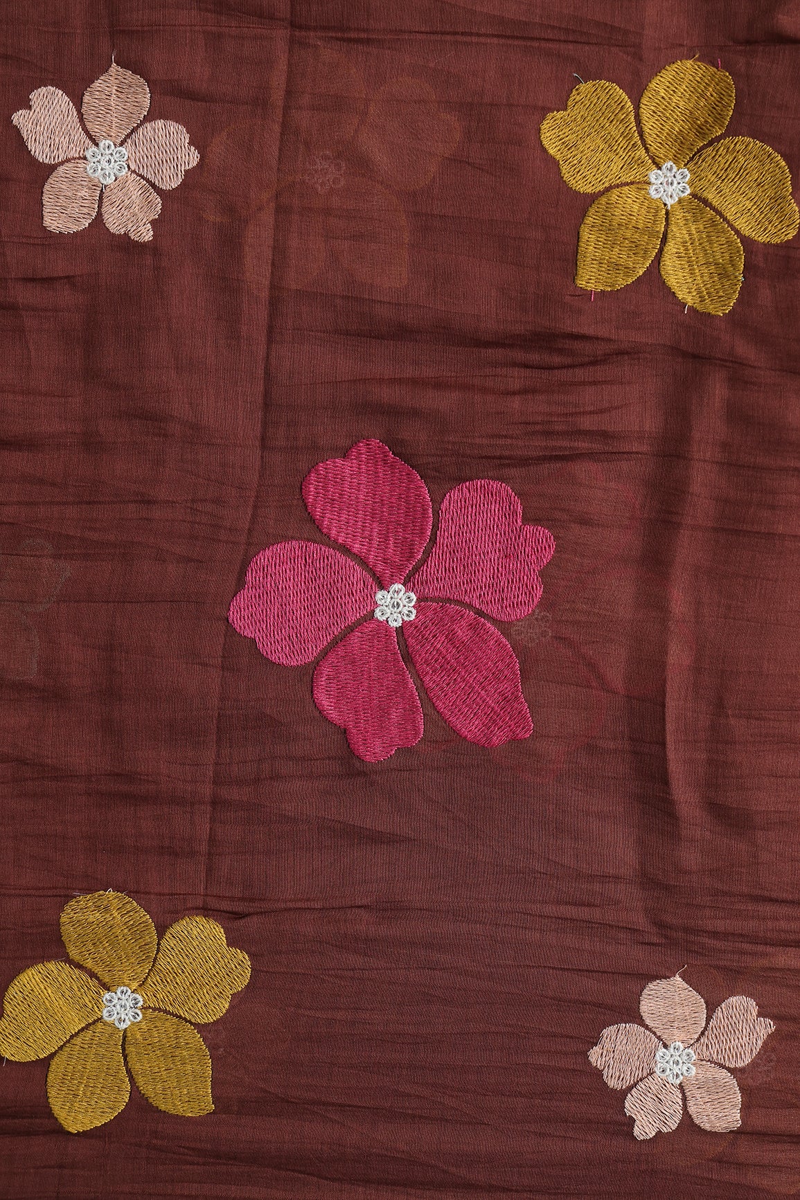 Multi Thread Flower Embroidery On Brown Pure Mul Chanderi Silk Fabric