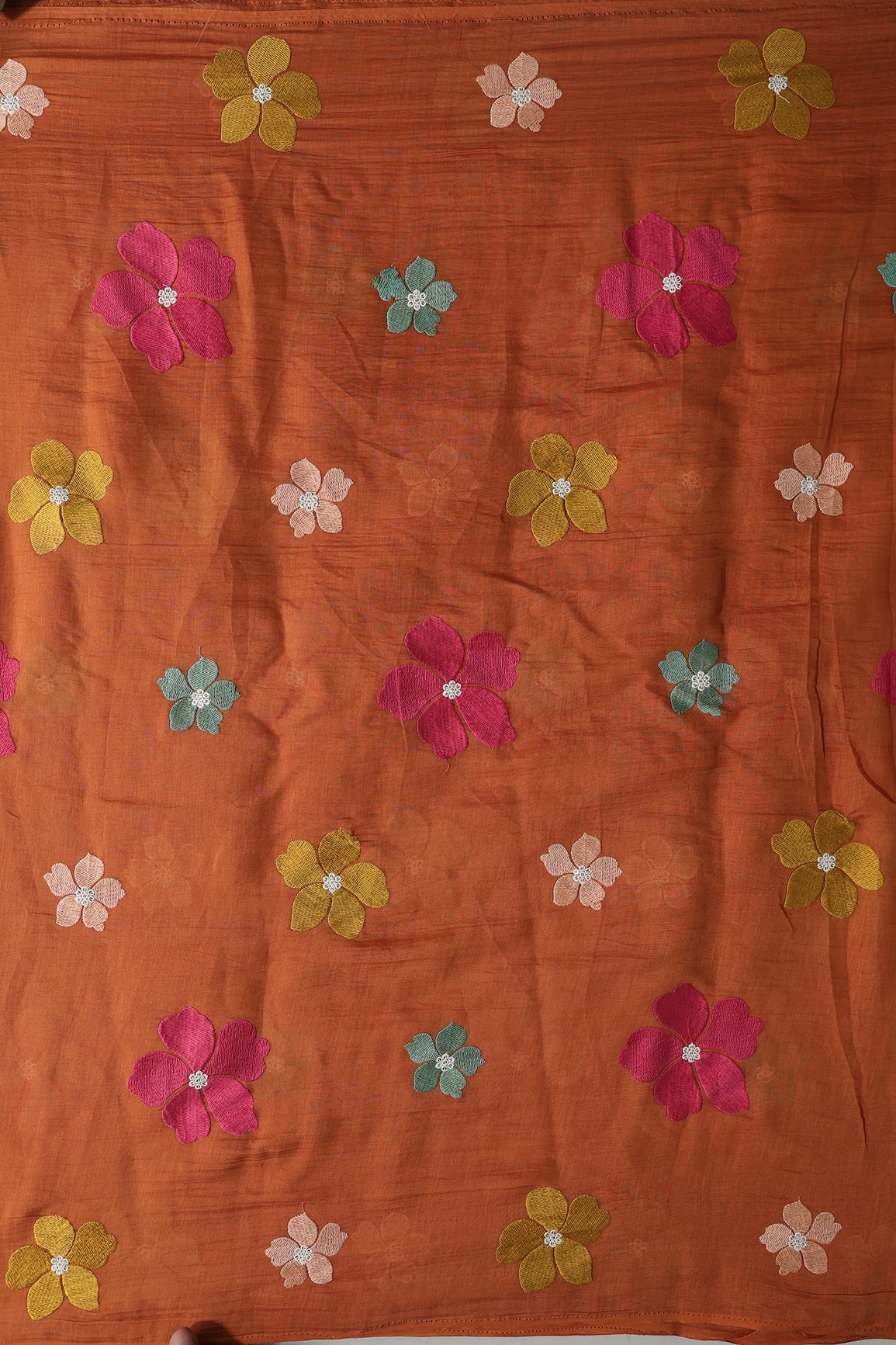 Multi Thread Flower Embroidery On Rust Pure Mul Chanderi Silk Fabric