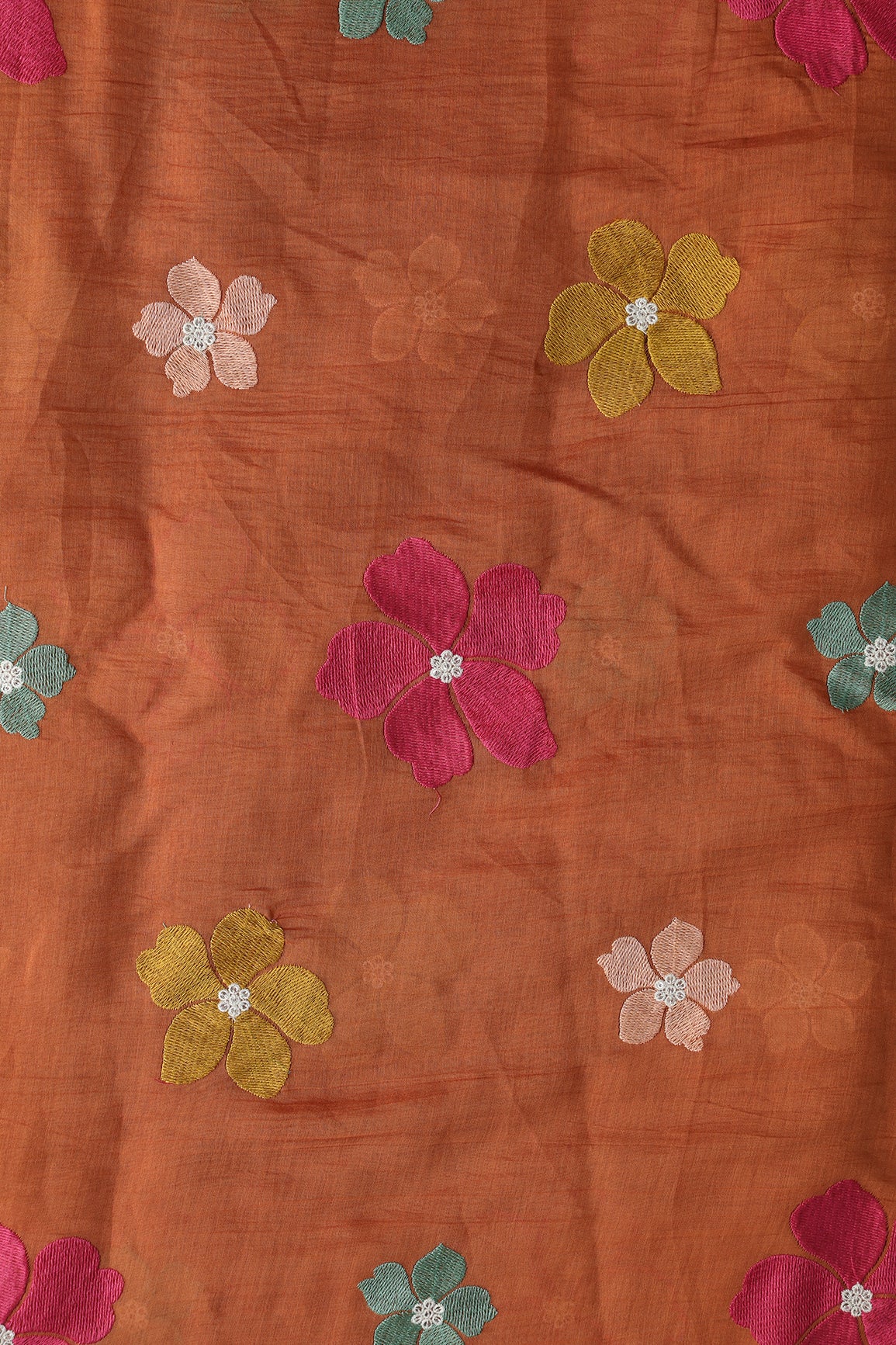 Multi Thread Flower Embroidery On Rust Pure Mul Chanderi Silk Fabric