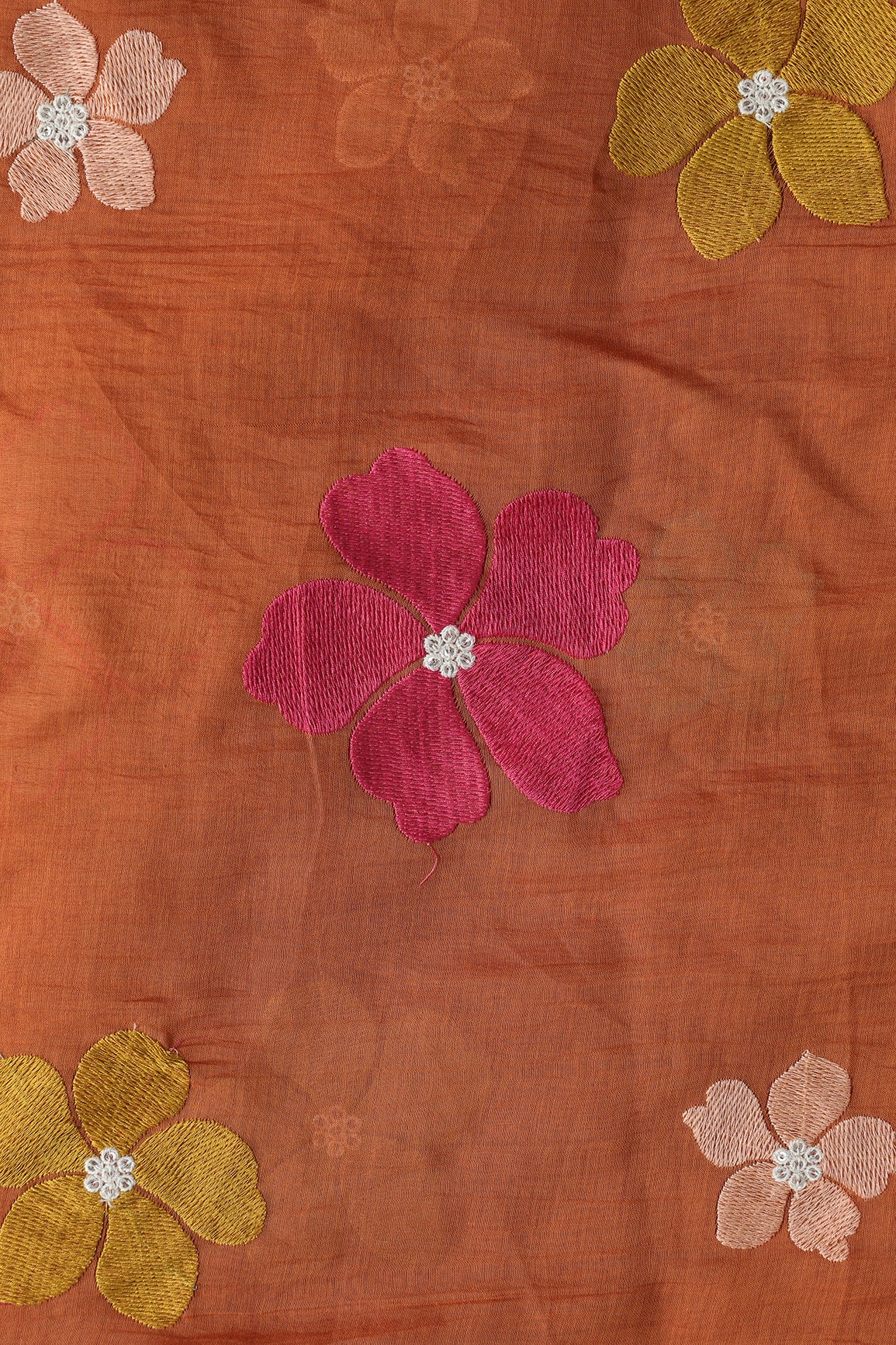 Multi Thread Flower Embroidery On Rust Pure Mul Chanderi Silk Fabric