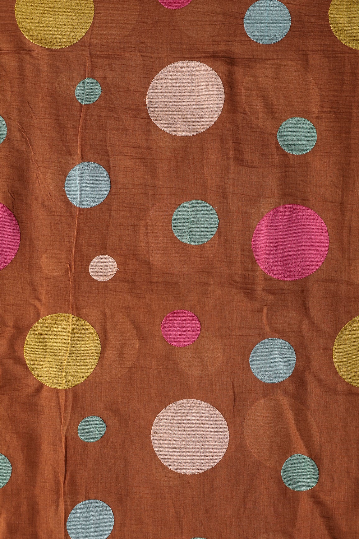 Multi Thread Circle Embroidery On Rust Pure Mul Chanderi Silk Fabric