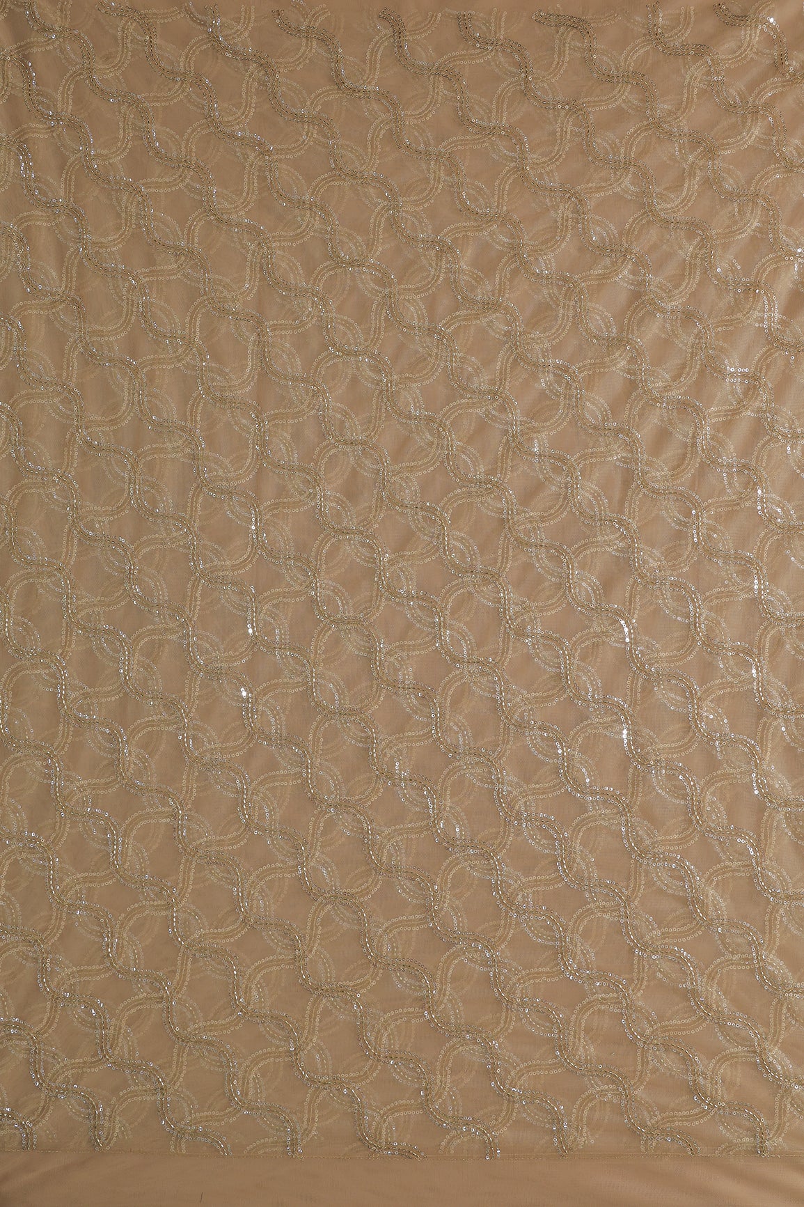 Leheriya Embroidery Work With Sequins And Beads On Beige Soft Net Fabric
