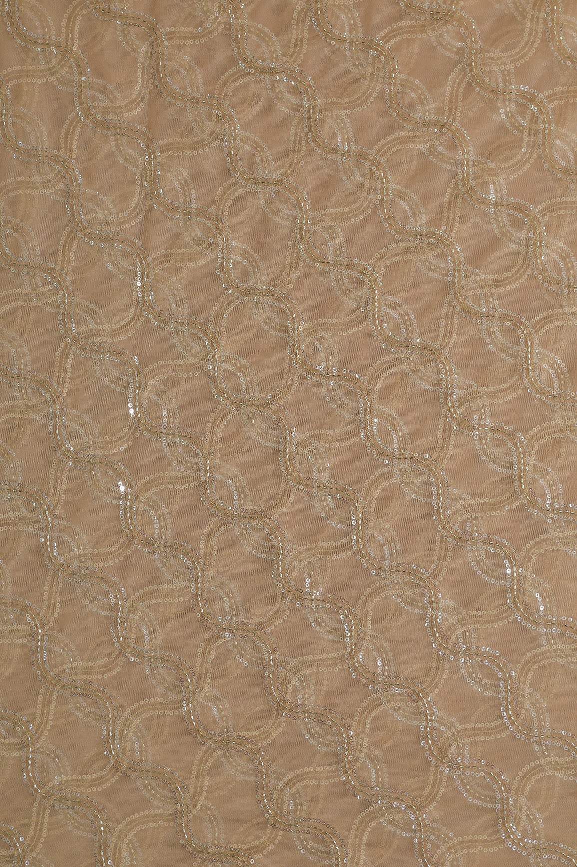 Leheriya Embroidery Work With Sequins And Beads On Beige Soft Net Fabric