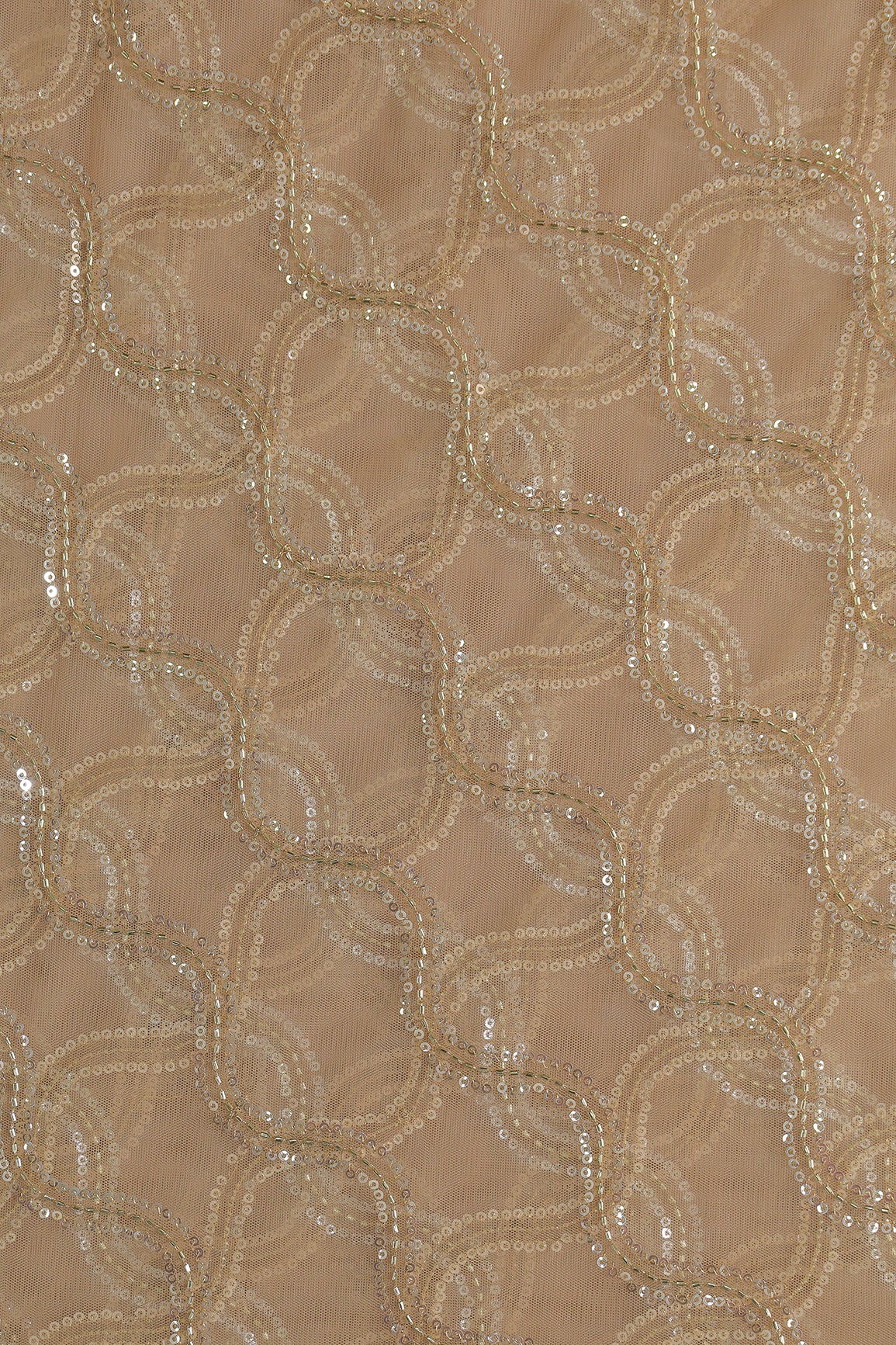 Leheriya Embroidery Work With Sequins And Beads On Beige Soft Net Fabric