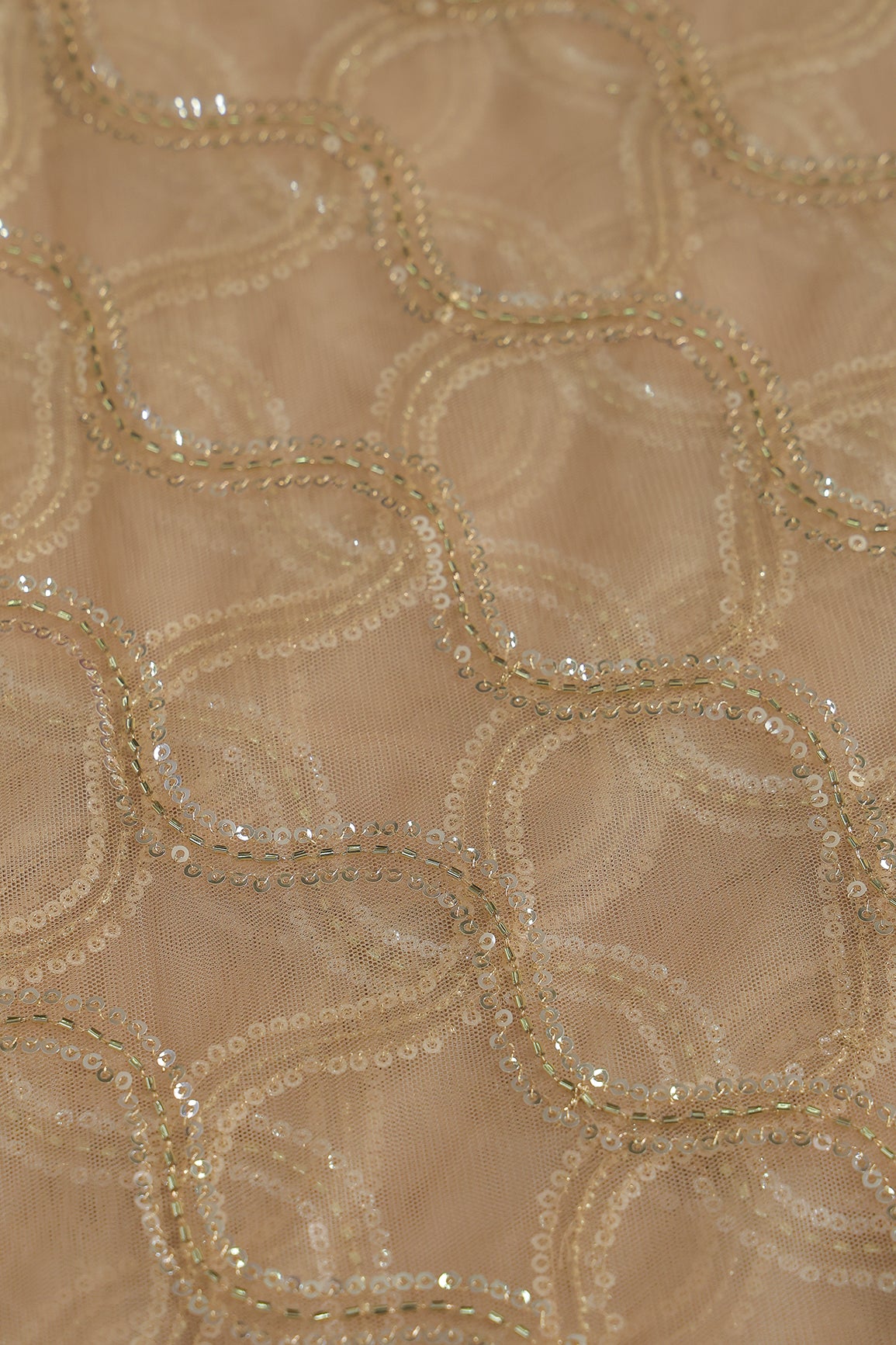 Leheriya Embroidery Work With Sequins And Beads On Beige Soft Net Fabric