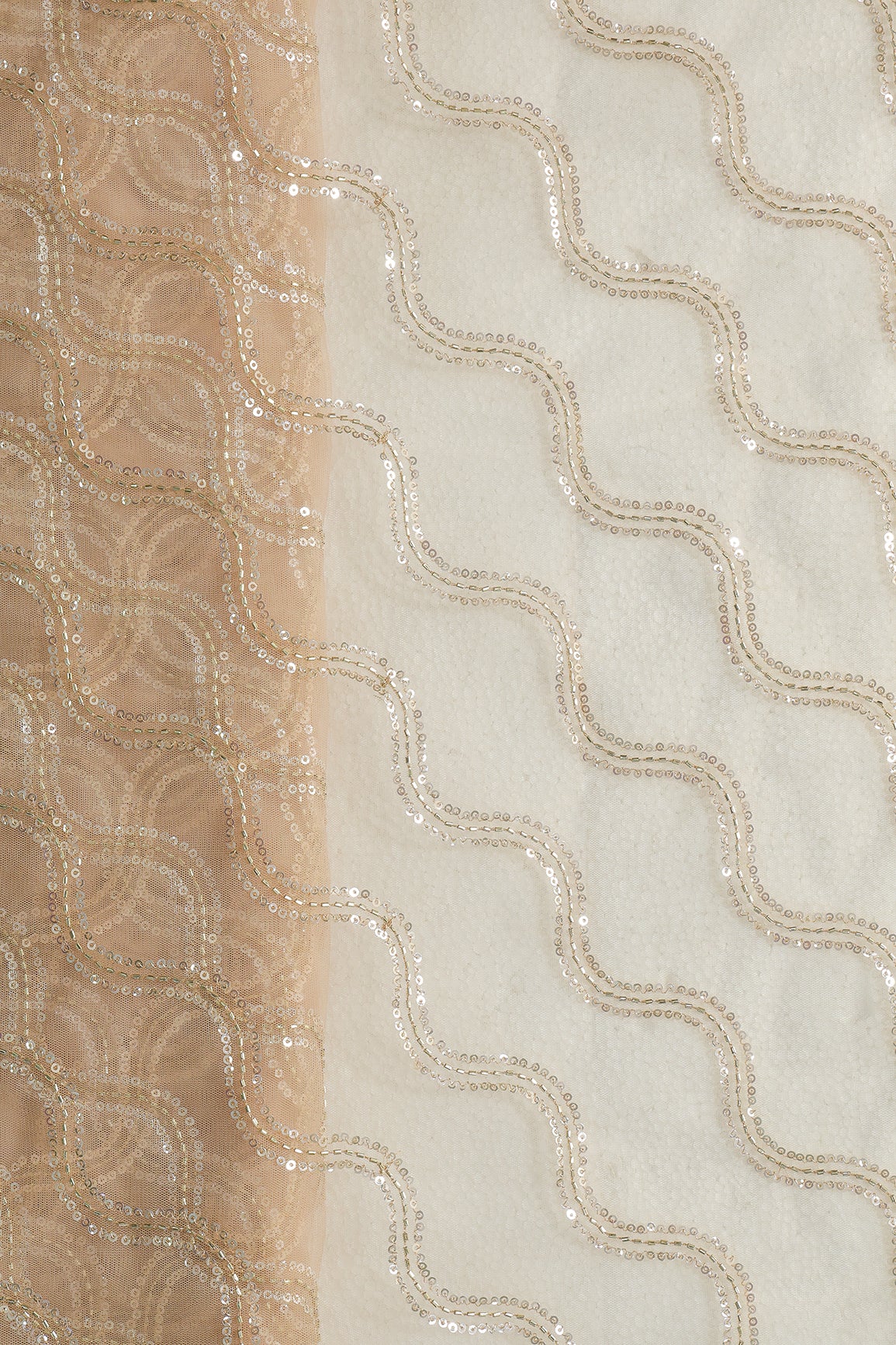 Leheriya Embroidery Work With Sequins And Beads On Beige Soft Net Fabric