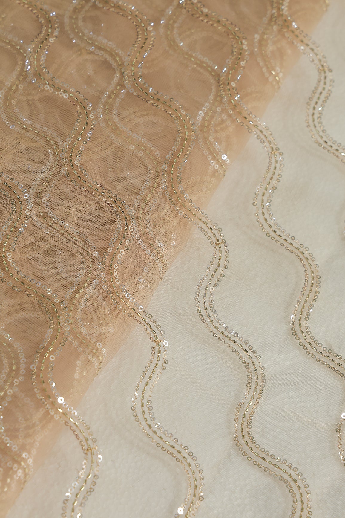 Leheriya Embroidery Work With Sequins And Beads On Beige Soft Net Fabric