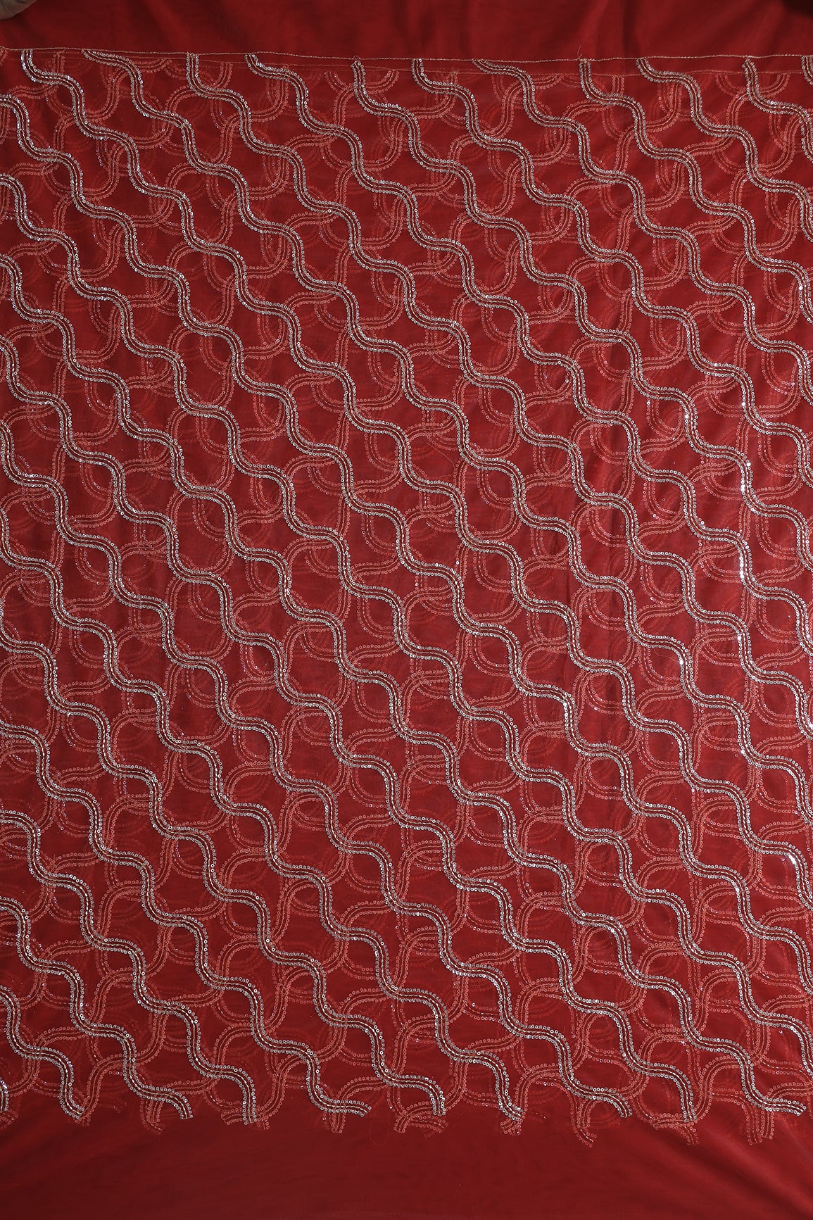Leheriya Embroidery Work With Sequins And Beads On Red Soft Net Fabric