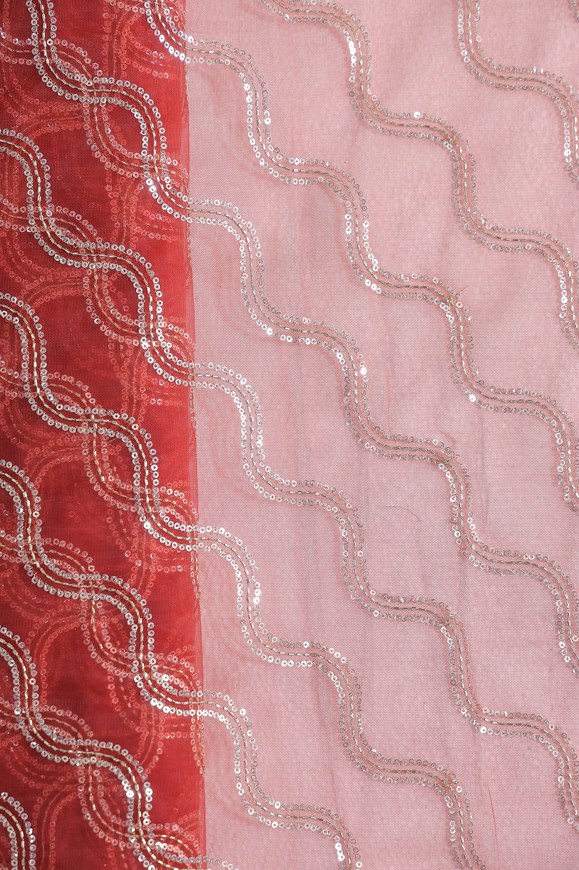 Leheriya Embroidery Work With Sequins And Beads On Red Soft Net Fabric