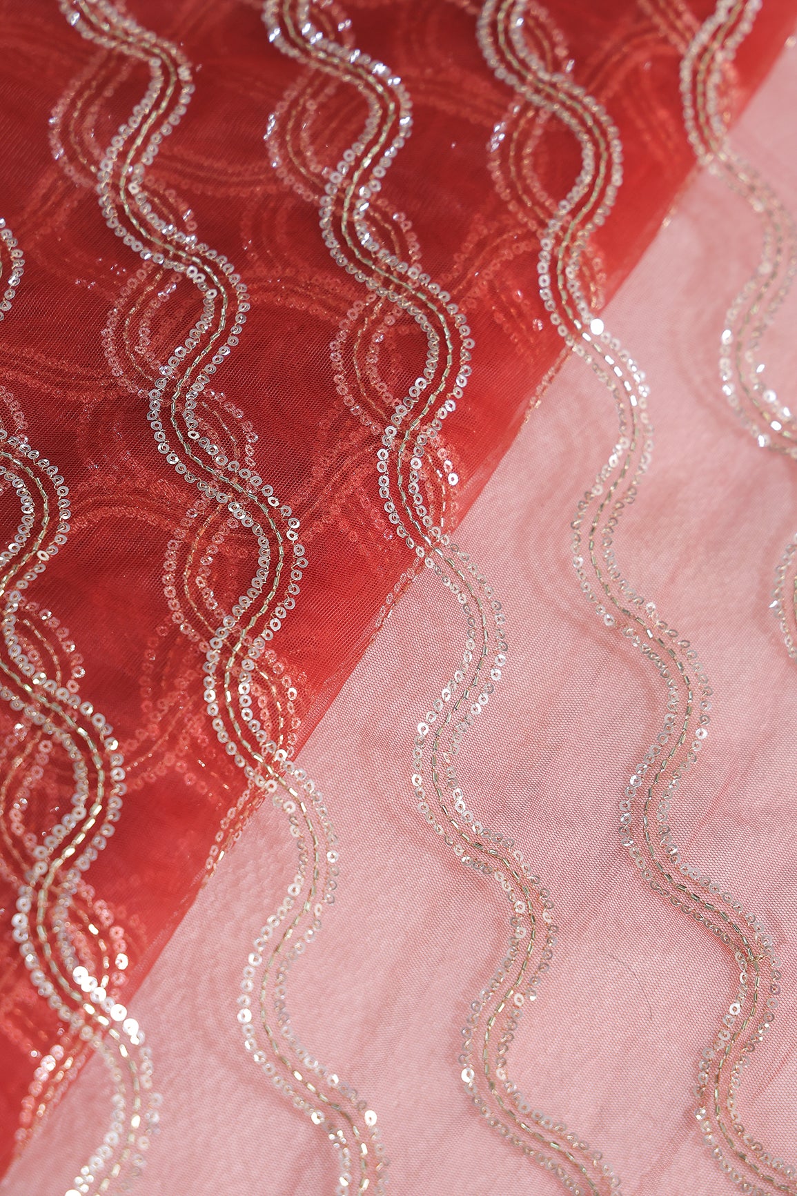 Leheriya Embroidery Work With Sequins And Beads On Red Soft Net Fabric