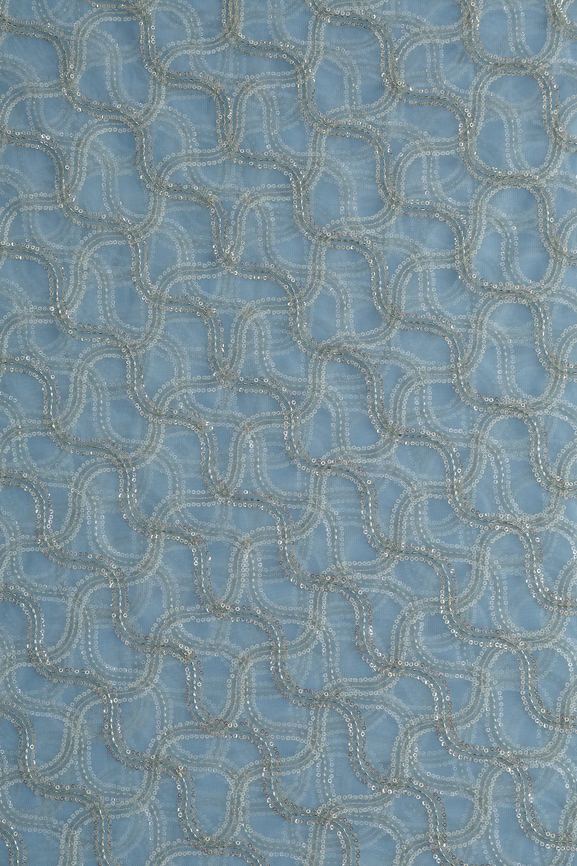Leheriya Embroidery Work With Sequins And Beads On Sky Blue Soft Net Fabric