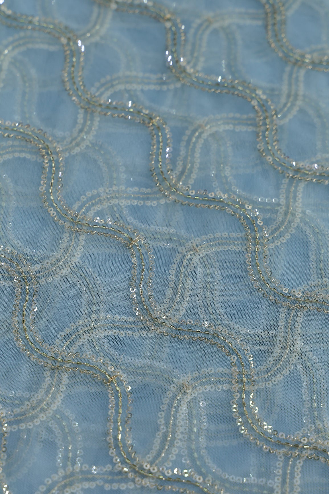 Leheriya Embroidery Work With Sequins And Beads On Sky Blue Soft Net Fabric