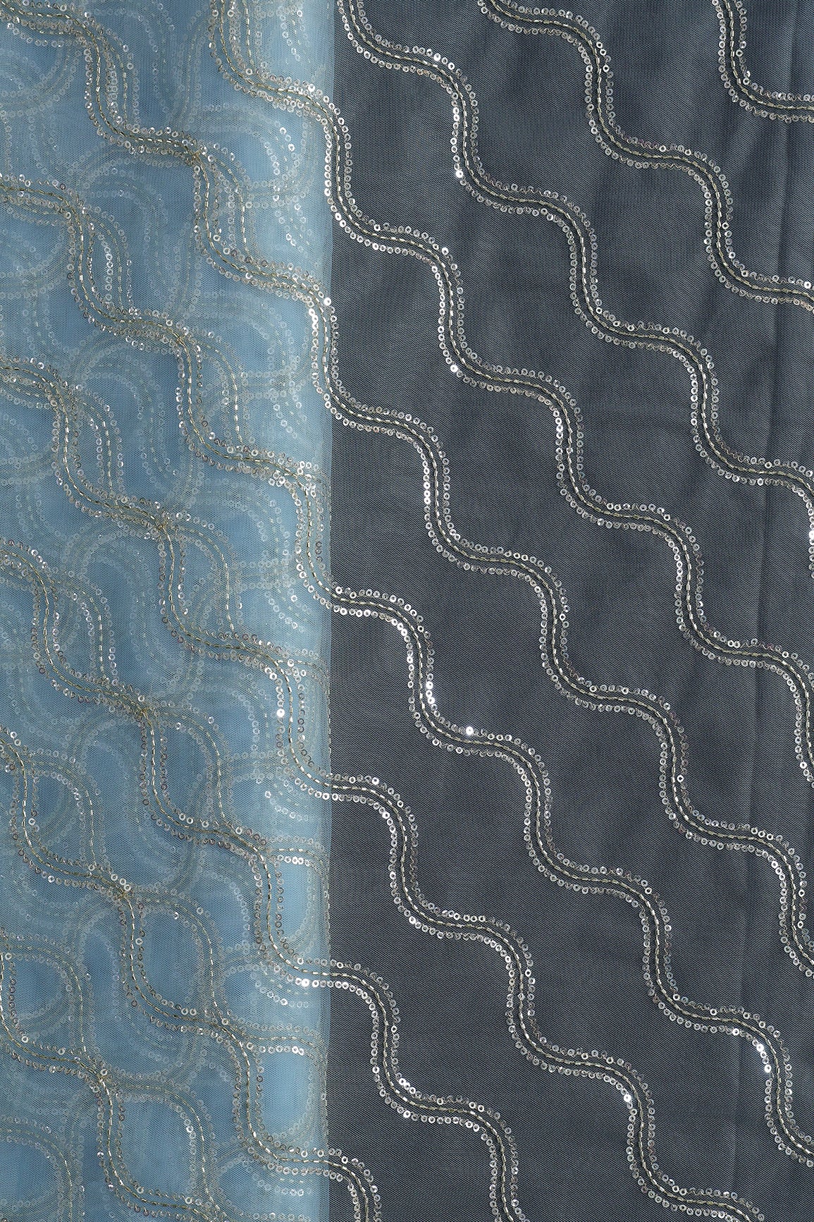 Leheriya Embroidery Work With Sequins And Beads On Sky Blue Soft Net Fabric