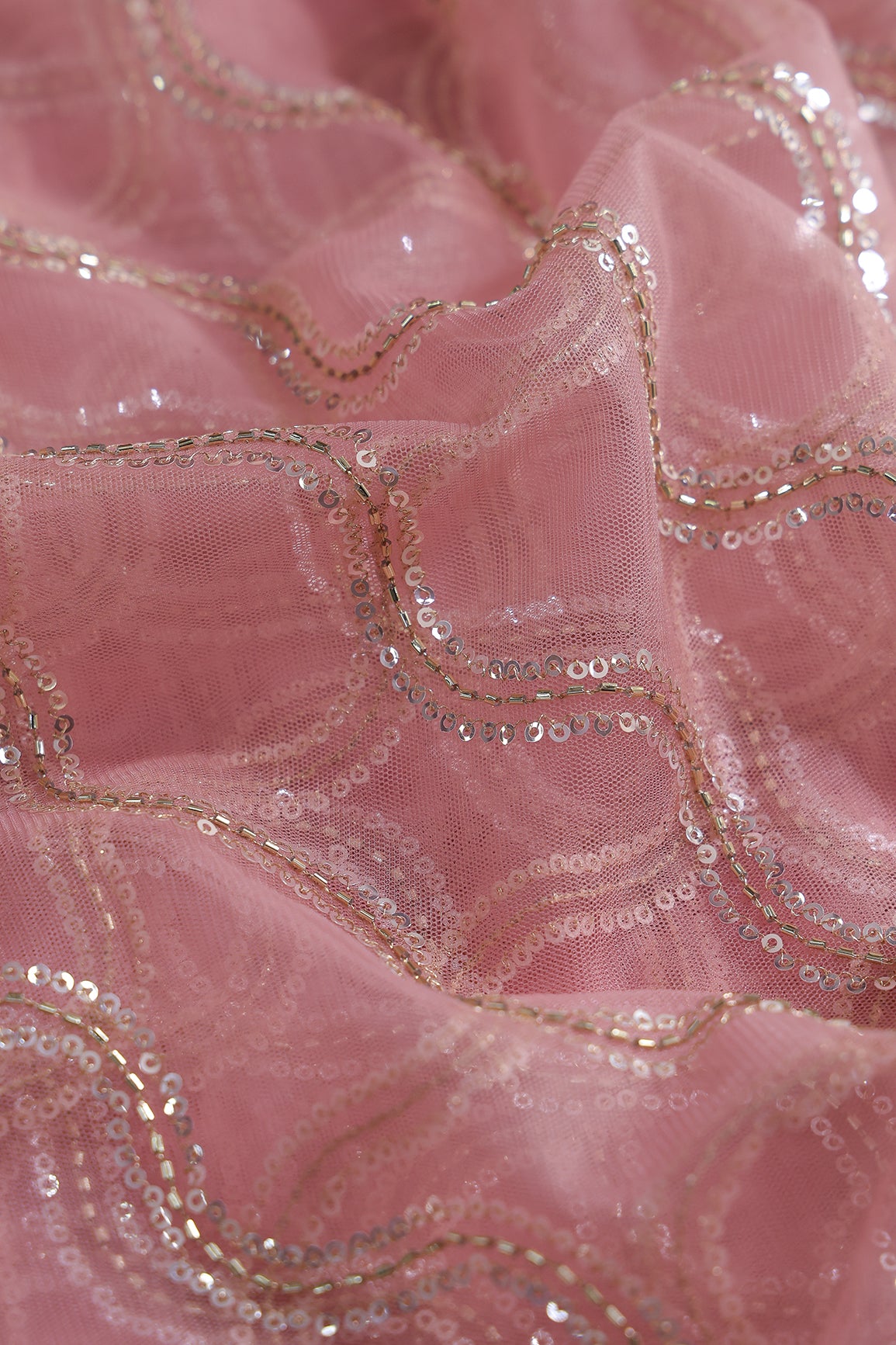 Leheriya Embroidery Work With Sequins And Beads On Baby Pink Soft Net Fabric