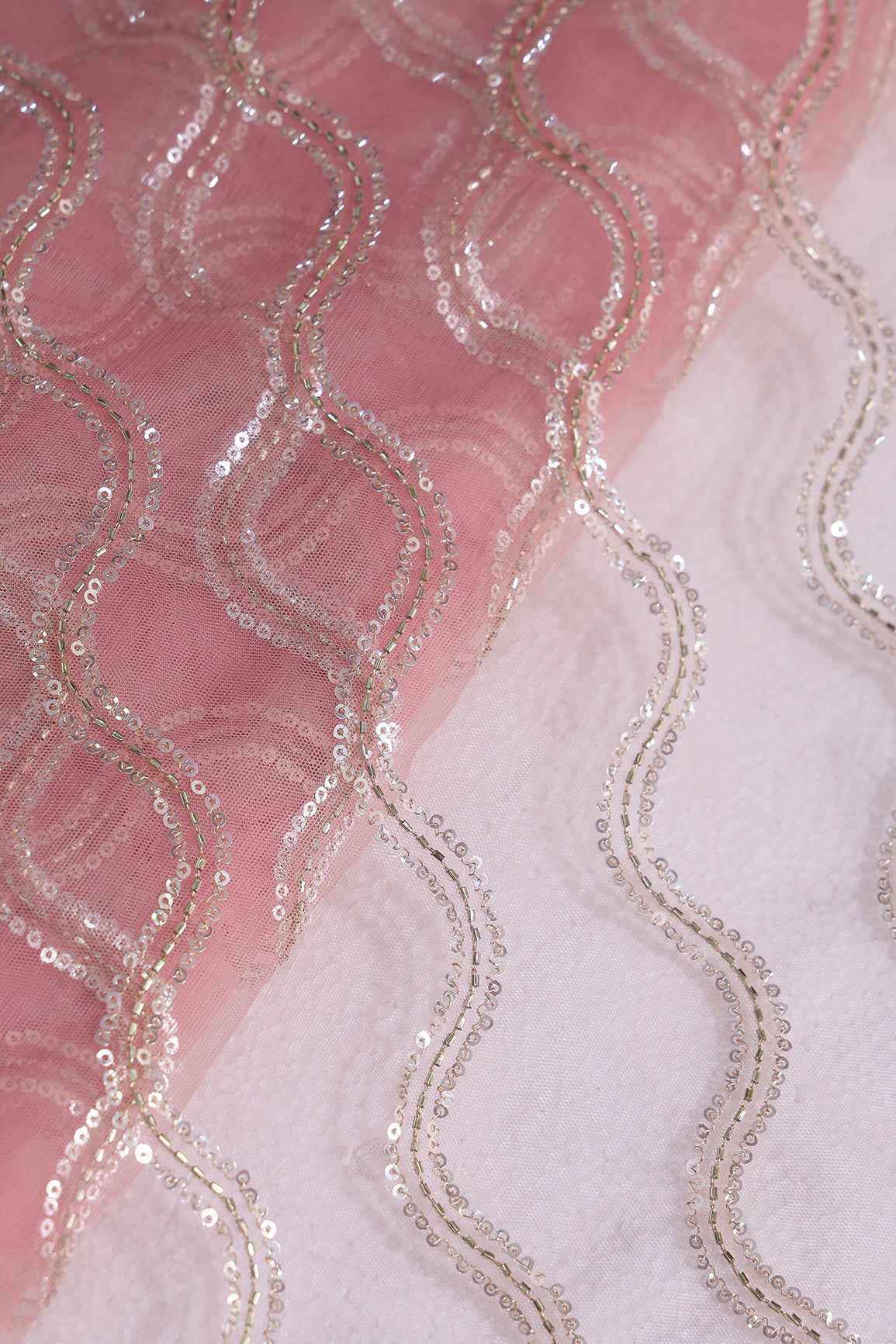Leheriya Embroidery Work With Sequins And Beads On Baby Pink Soft Net Fabric