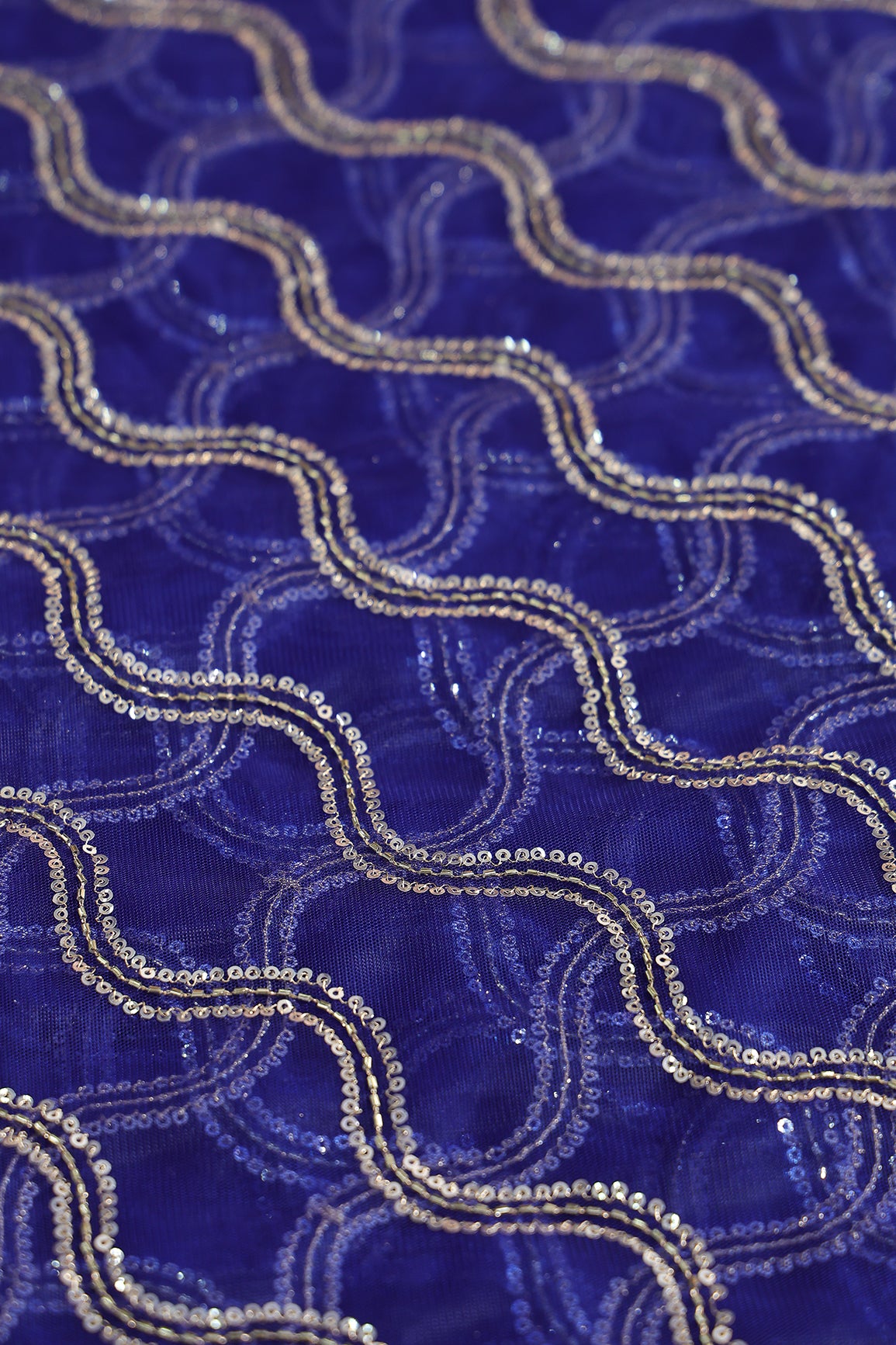 Leheriya Embroidery Work With Sequins And Beads On Royal Blue Soft Net Fabric
