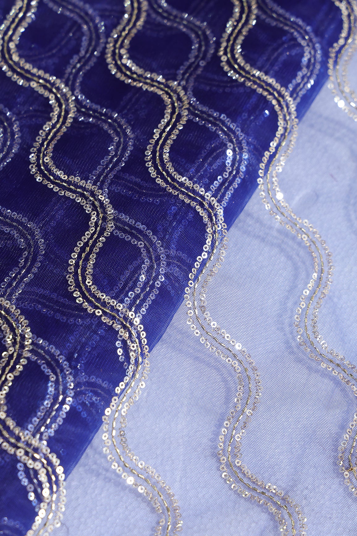 Leheriya Embroidery Work With Sequins And Beads On Royal Blue Soft Net Fabric