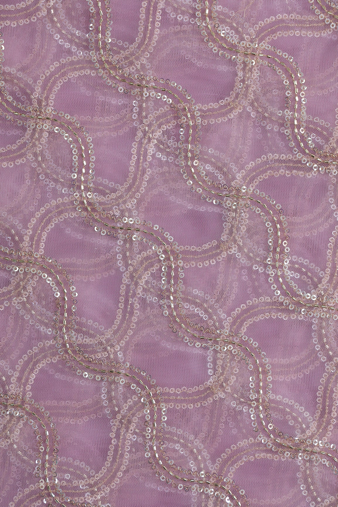 Leheriya Embroidery Work With Sequins And Beads On Lavender Soft Net Fabric