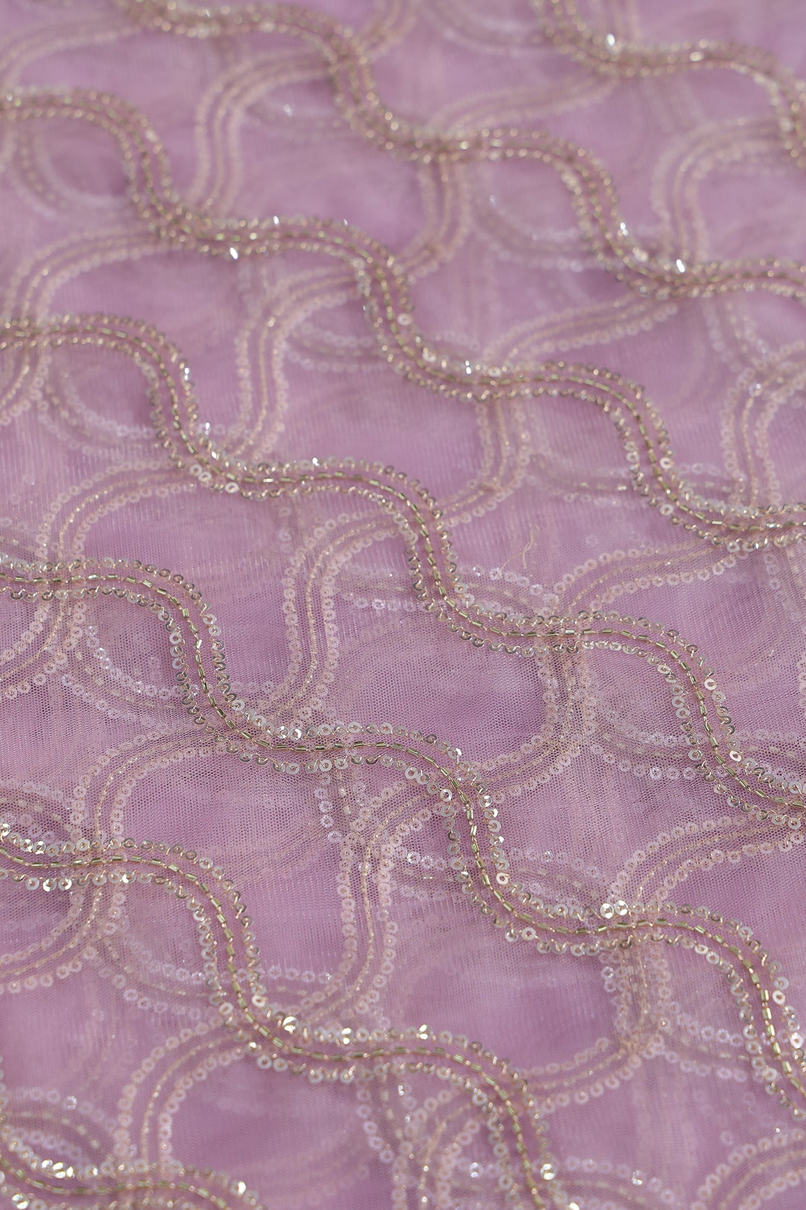 Leheriya Embroidery Work With Sequins And Beads On Lavender Soft Net Fabric