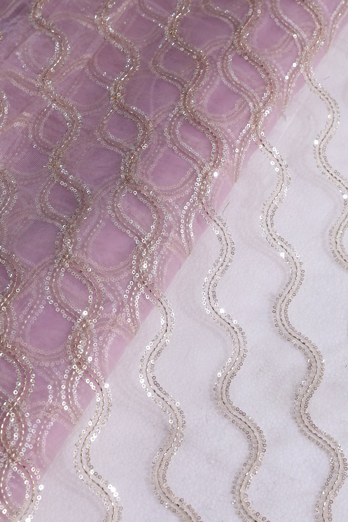 Leheriya Embroidery Work With Sequins And Beads On Lavender Soft Net Fabric