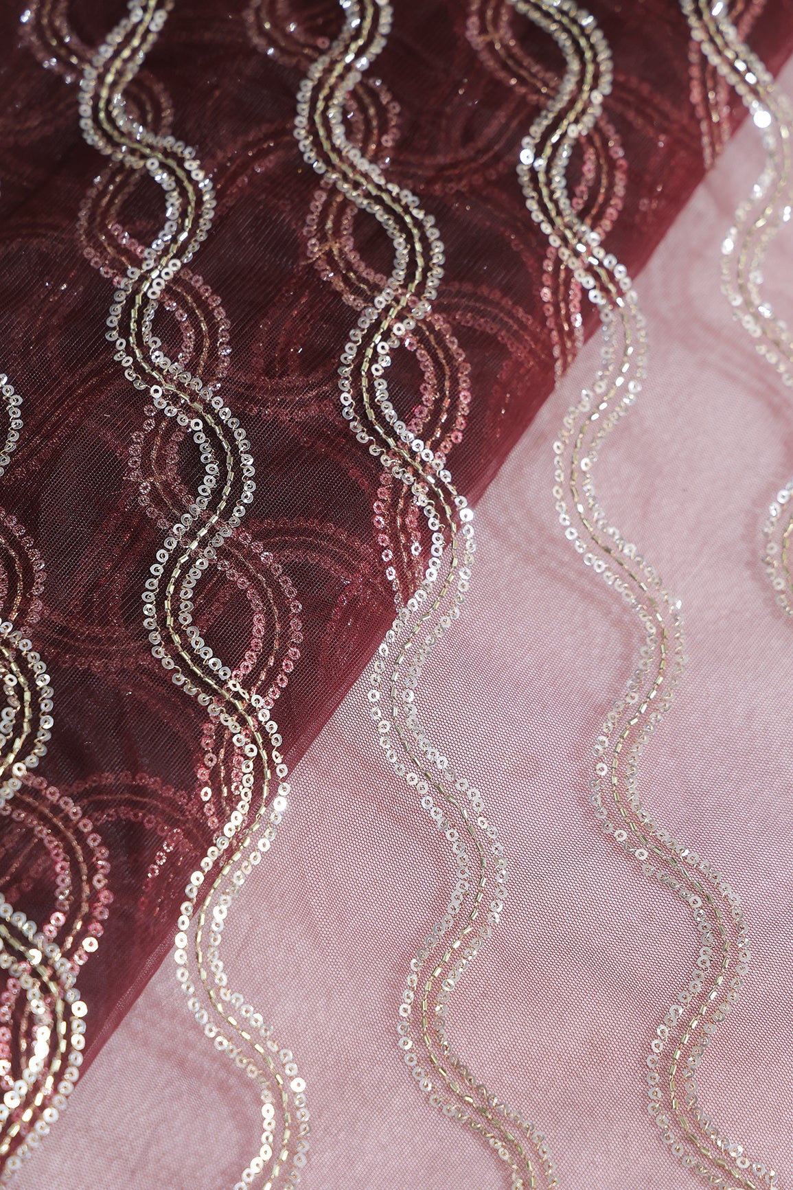 Leheriya Embroidery Work With Sequins And Beads On Maroon Soft Net Fabric