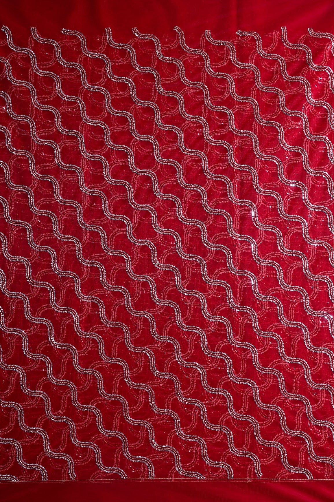 Leheriya Embroidery Work With Sequins And Beads On Blood Red Soft Net Fabric
