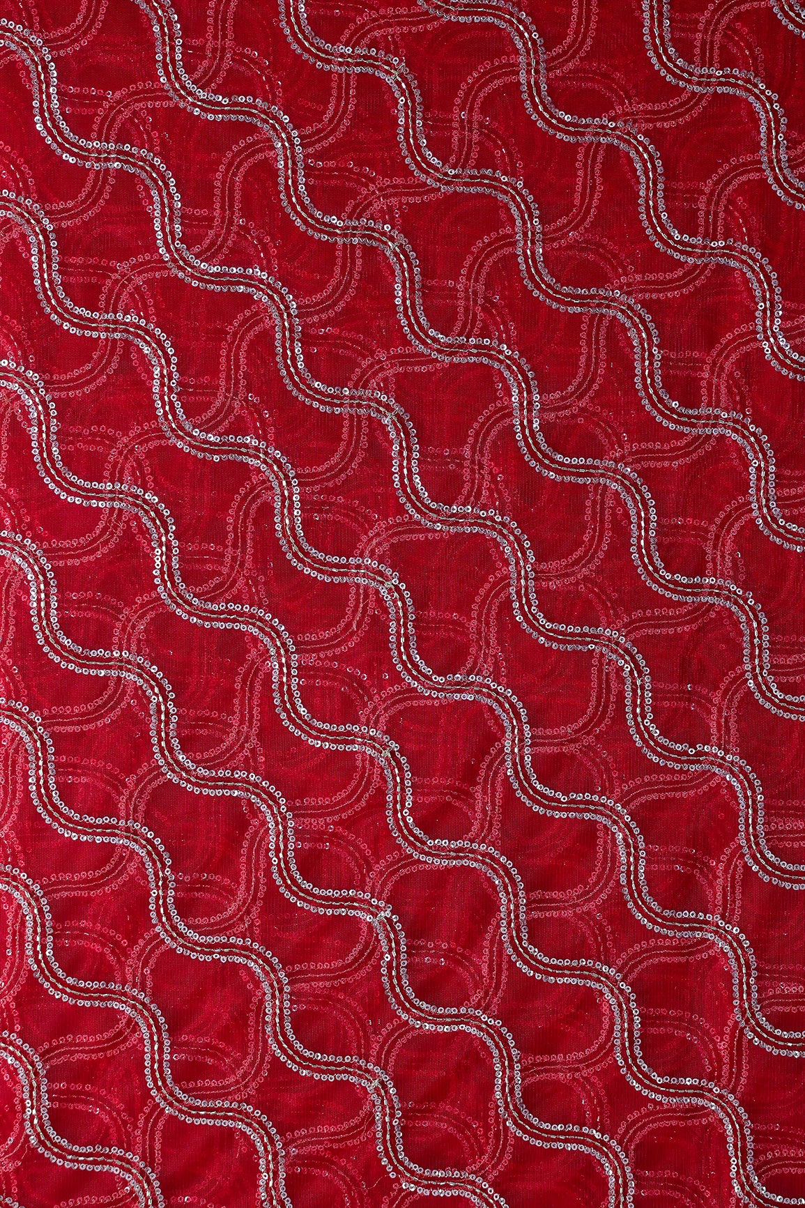 Leheriya Embroidery Work With Sequins And Beads On Blood Red Soft Net Fabric