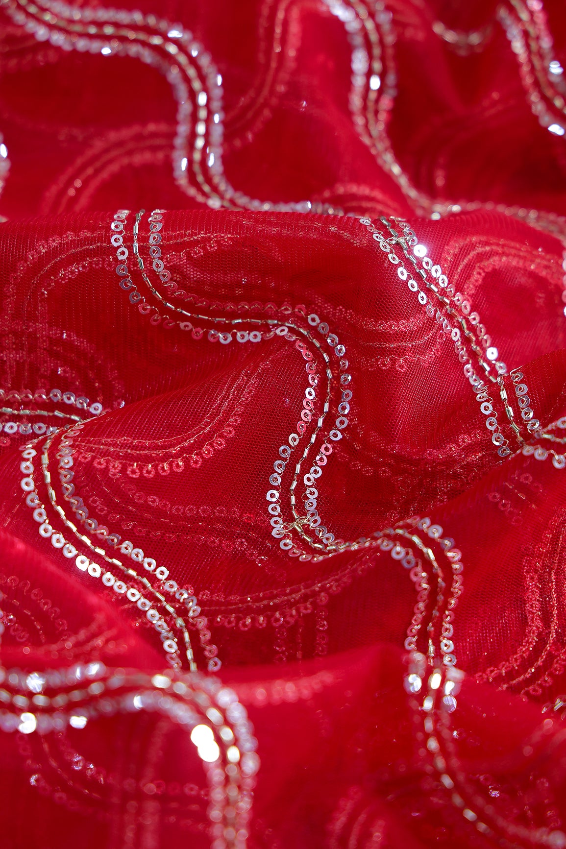 Leheriya Embroidery Work With Sequins And Beads On Blood Red Soft Net Fabric