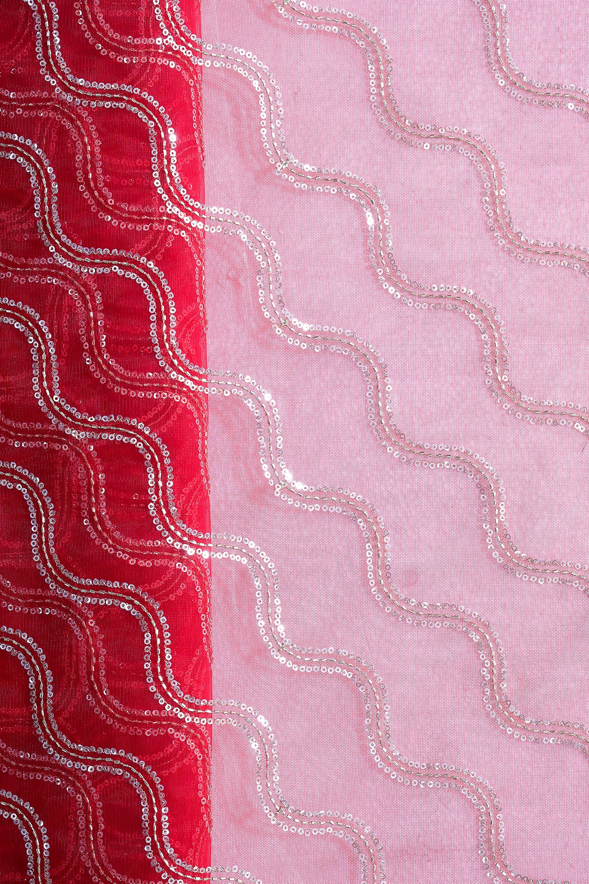 Leheriya Embroidery Work With Sequins And Beads On Blood Red Soft Net Fabric