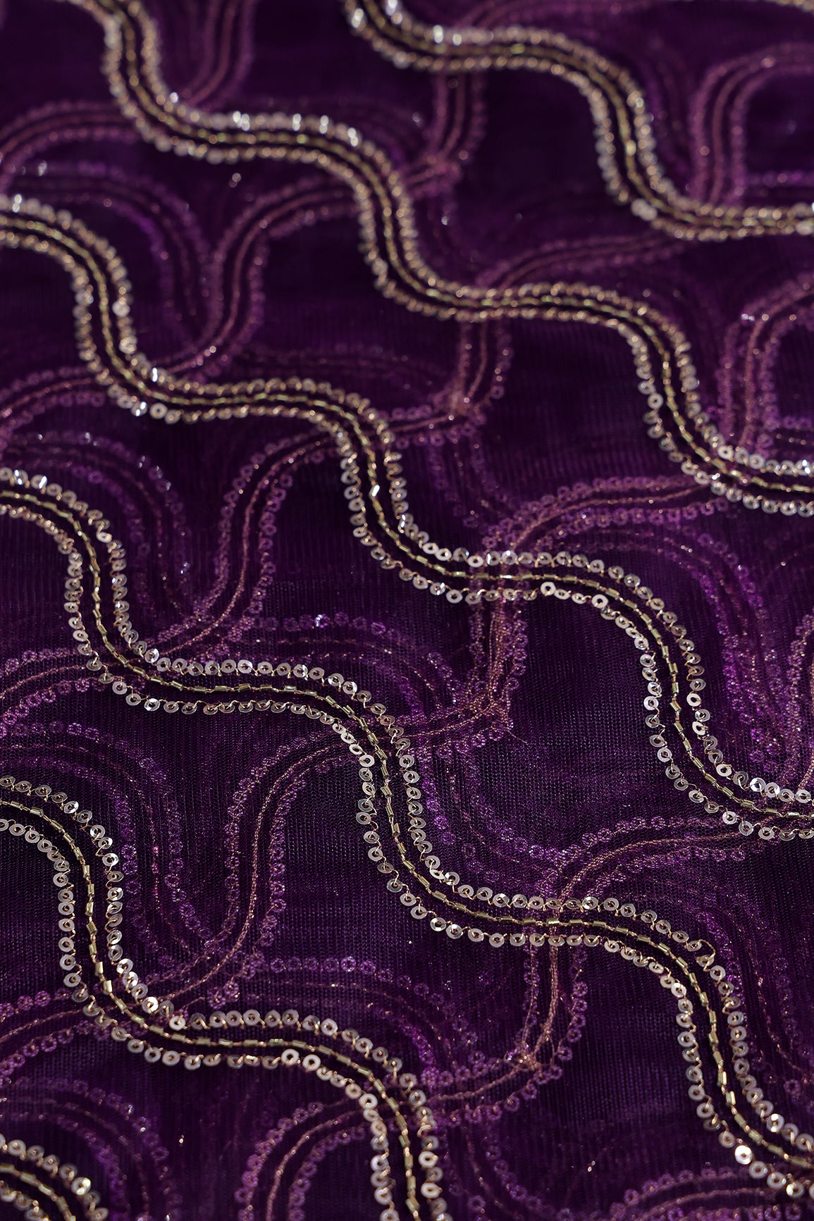 Leheriya Embroidery Work With Sequins And Beads On Purple Soft Net Fabric