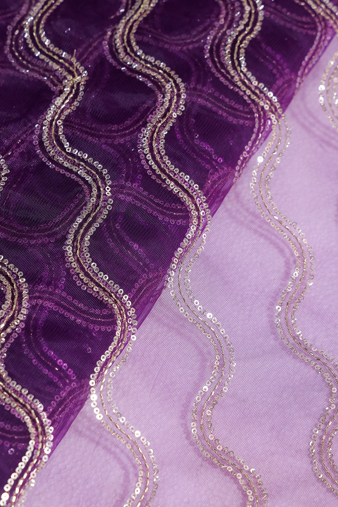 Leheriya Embroidery Work With Sequins And Beads On Purple Soft Net Fabric