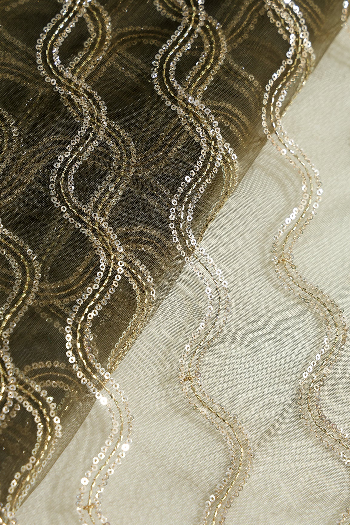 Leheriya Embroidery Work With Sequins And Beads On Mehndi Green Soft Net Fabric