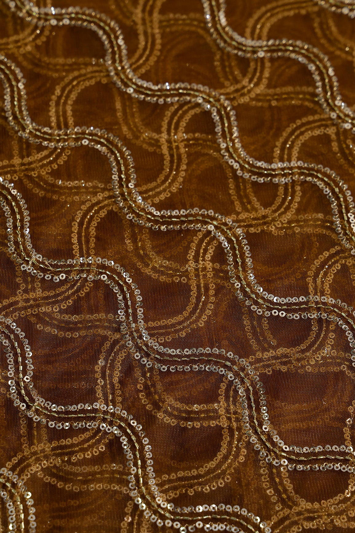 Leheriya Embroidery Work With Sequins And Beads On Brown Soft Net Fabric