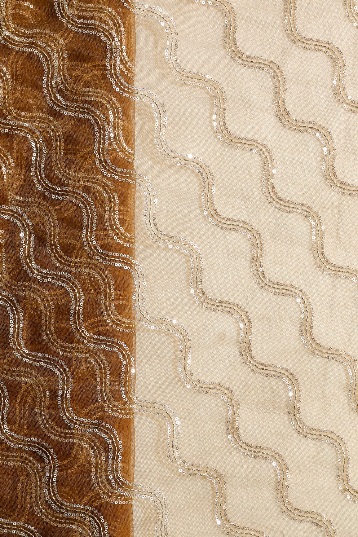 Leheriya Embroidery Work With Sequins And Beads On Brown Soft Net Fabric