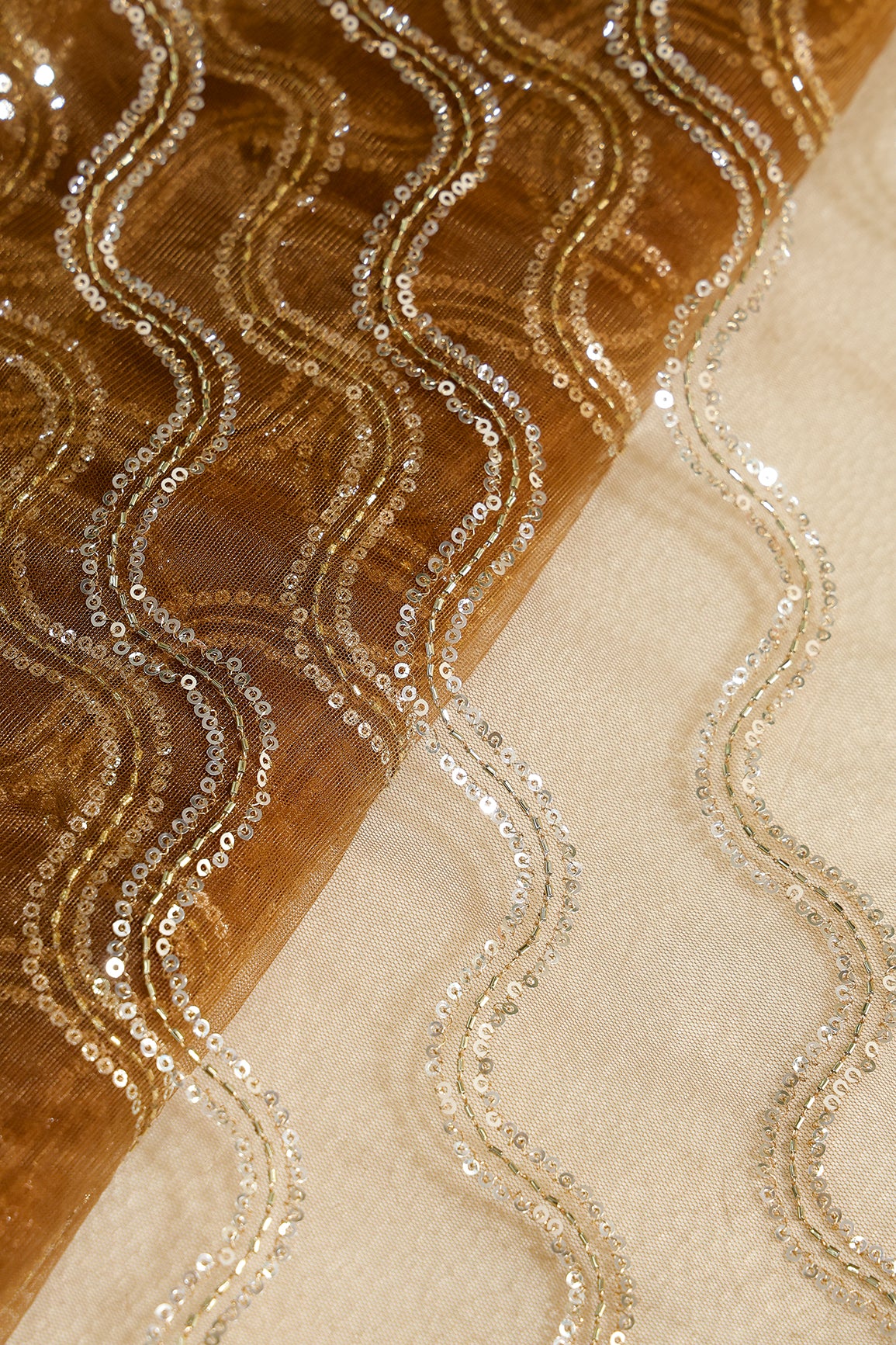 Leheriya Embroidery Work With Sequins And Beads On Brown Soft Net Fabric