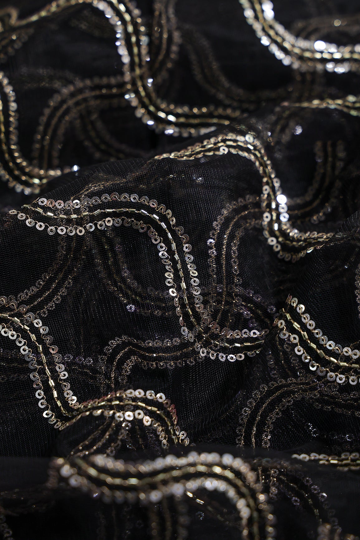 Leheriya Embroidery Work With Sequins And Beads On Black Soft Net Fabric