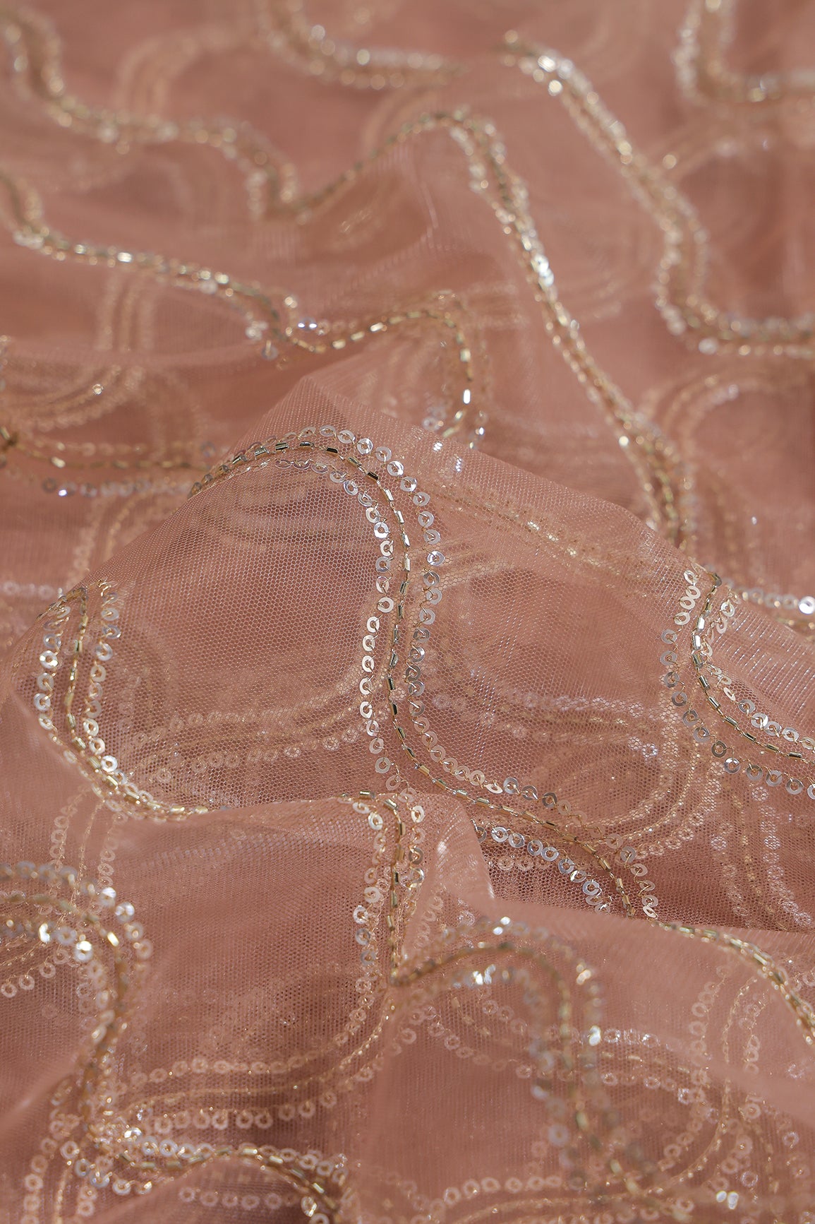 Leheriya Embroidery Work With Sequins And Beads On Dusty Mauve Soft Net Fabric