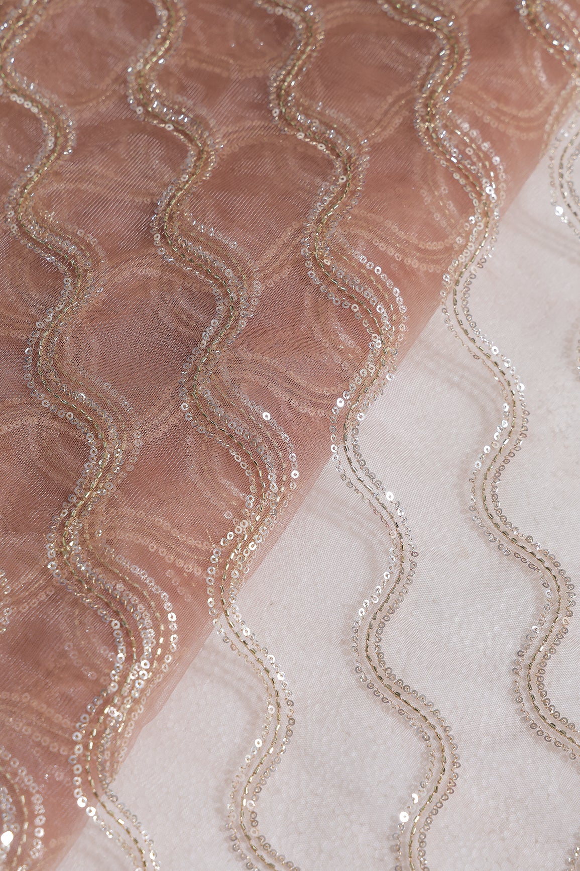 Leheriya Embroidery Work With Sequins And Beads On Dusty Mauve Soft Net Fabric