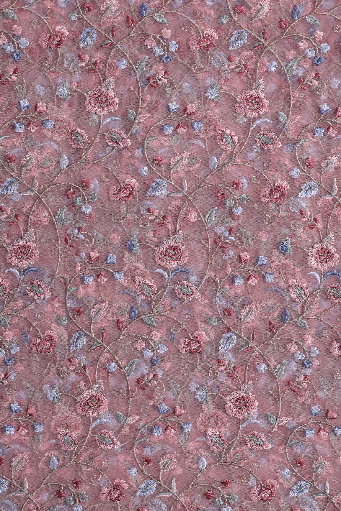 Multi Colour Floral Thread Embroidery Work On Baby Pink Soft Net Fabric