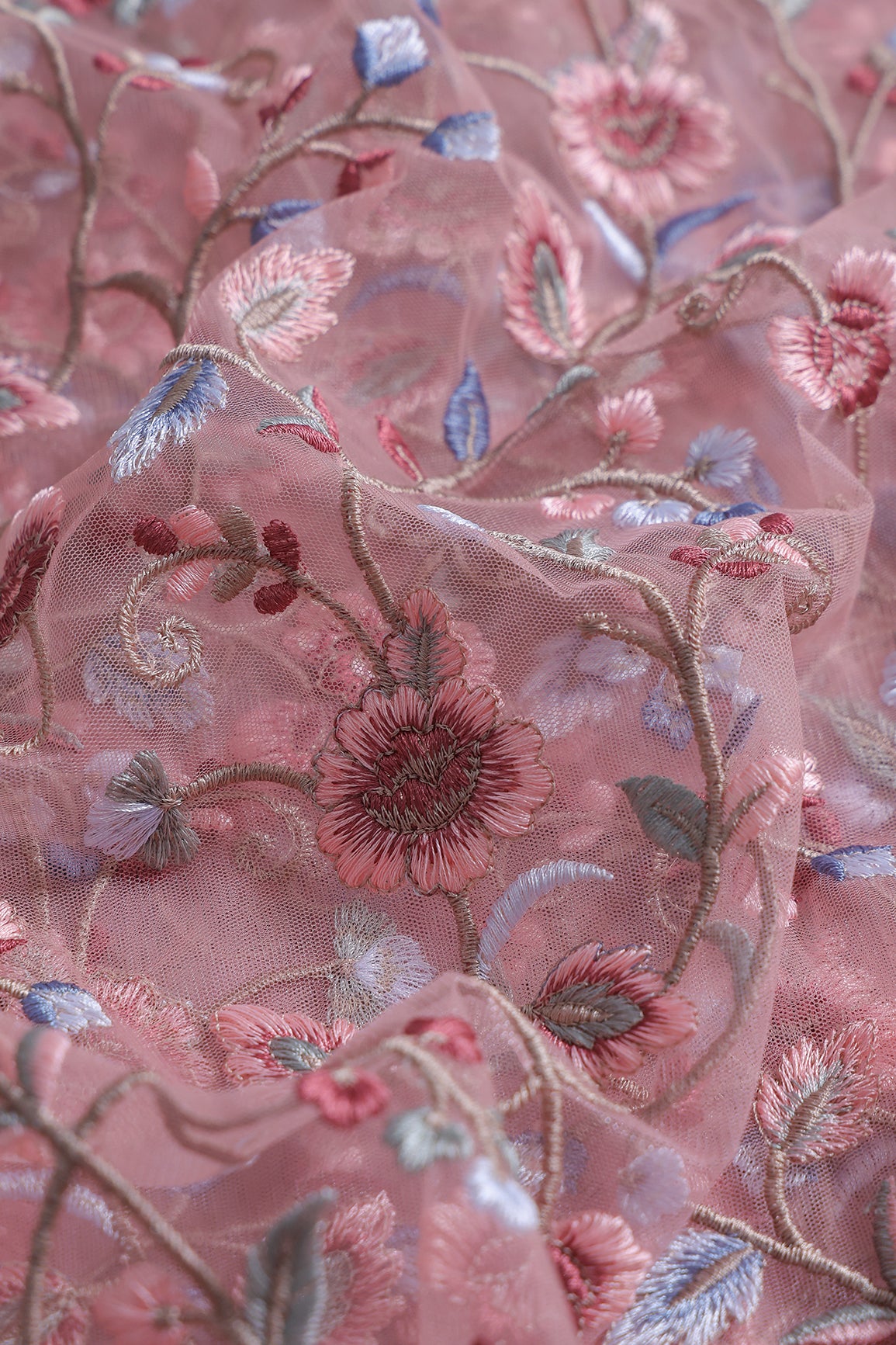 Multi Colour Floral Thread Embroidery Work On Baby Pink Soft Net Fabric