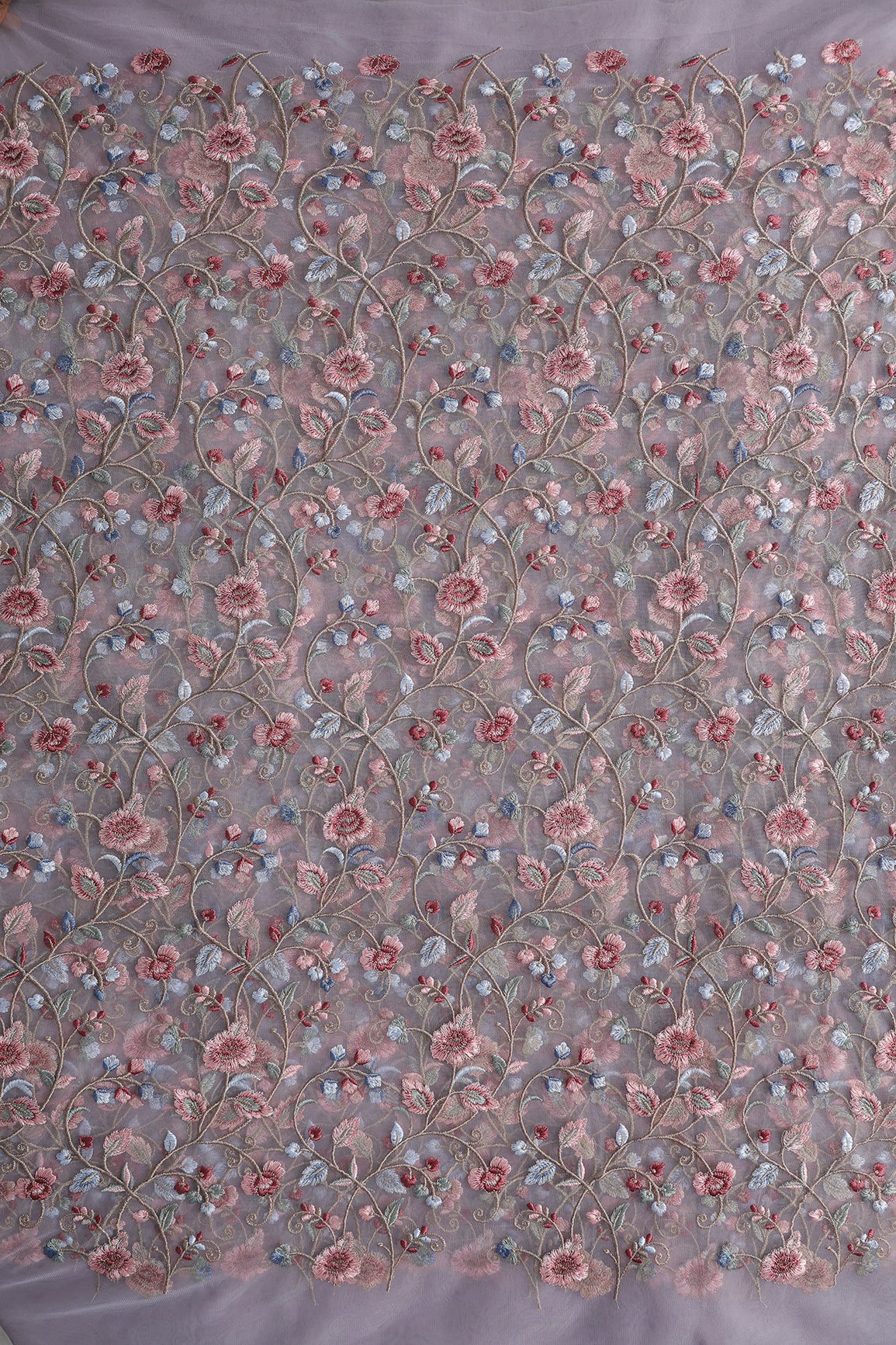 Multi Colour Floral Thread Embroidery Work On Lavender Soft Net Fabric